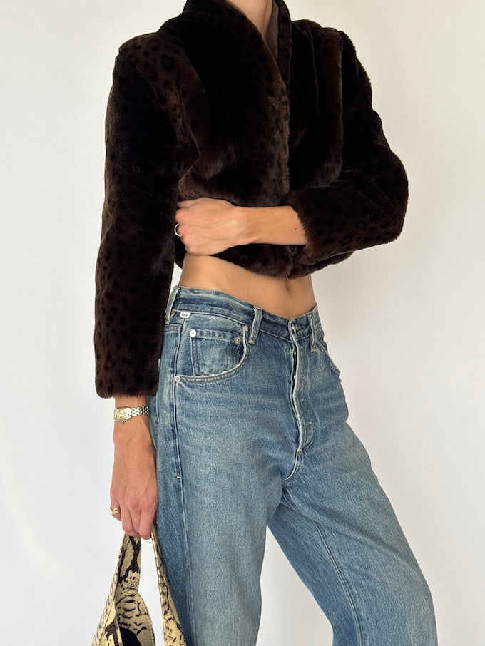 Vintage Cropped Animal Print Faux Fur Jacket