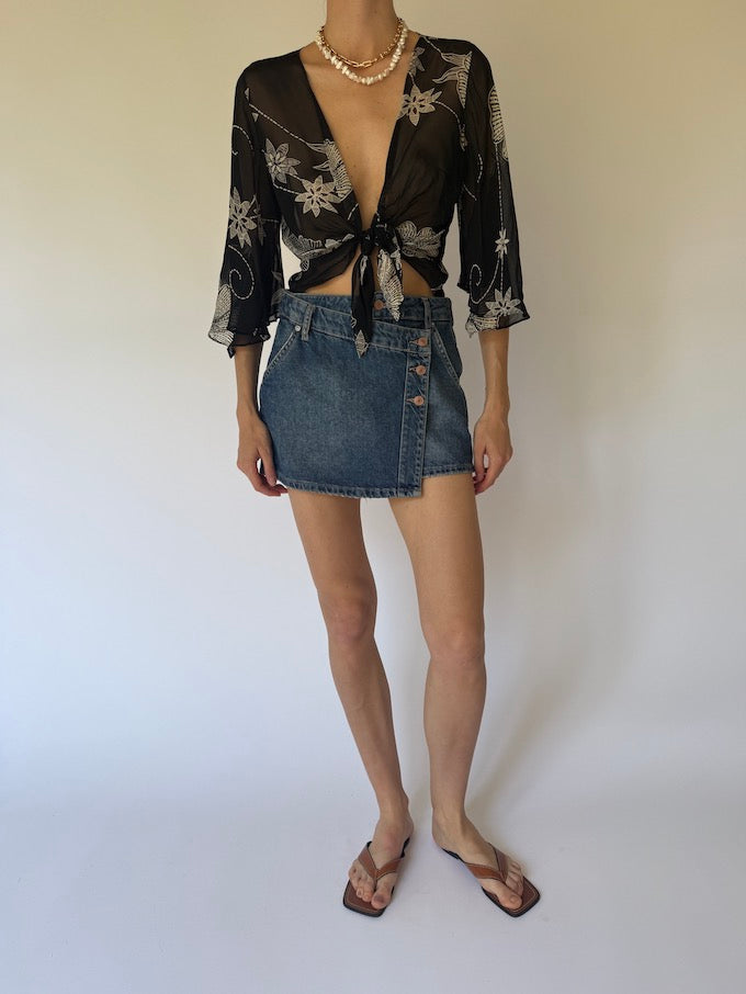 Vintage sheer Floral Tie-Front Blouse 6177