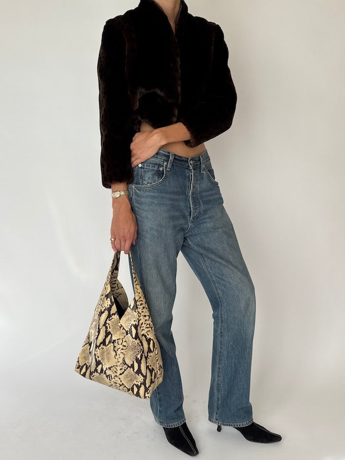 Vintage Cropped Animal Print Faux Fur Jacket