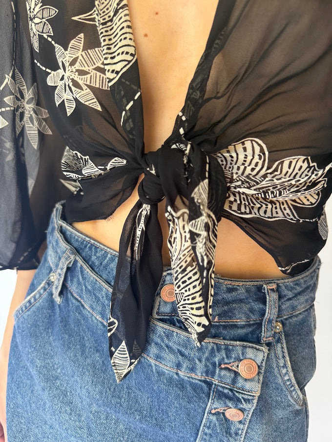 Vintage sheer Floral Tie-Front Blouse 6177