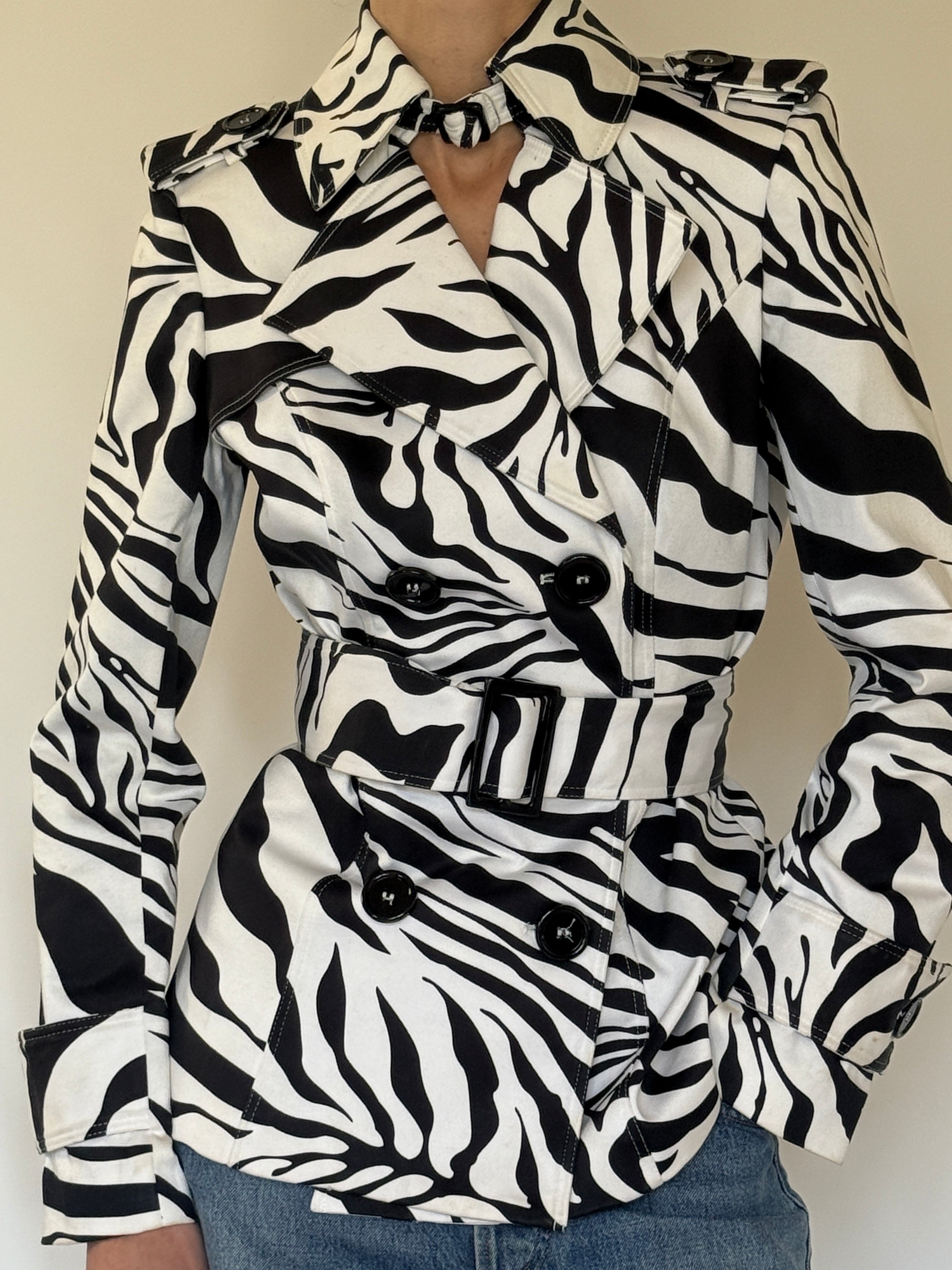Vintage zebra print belted trench jacket front view