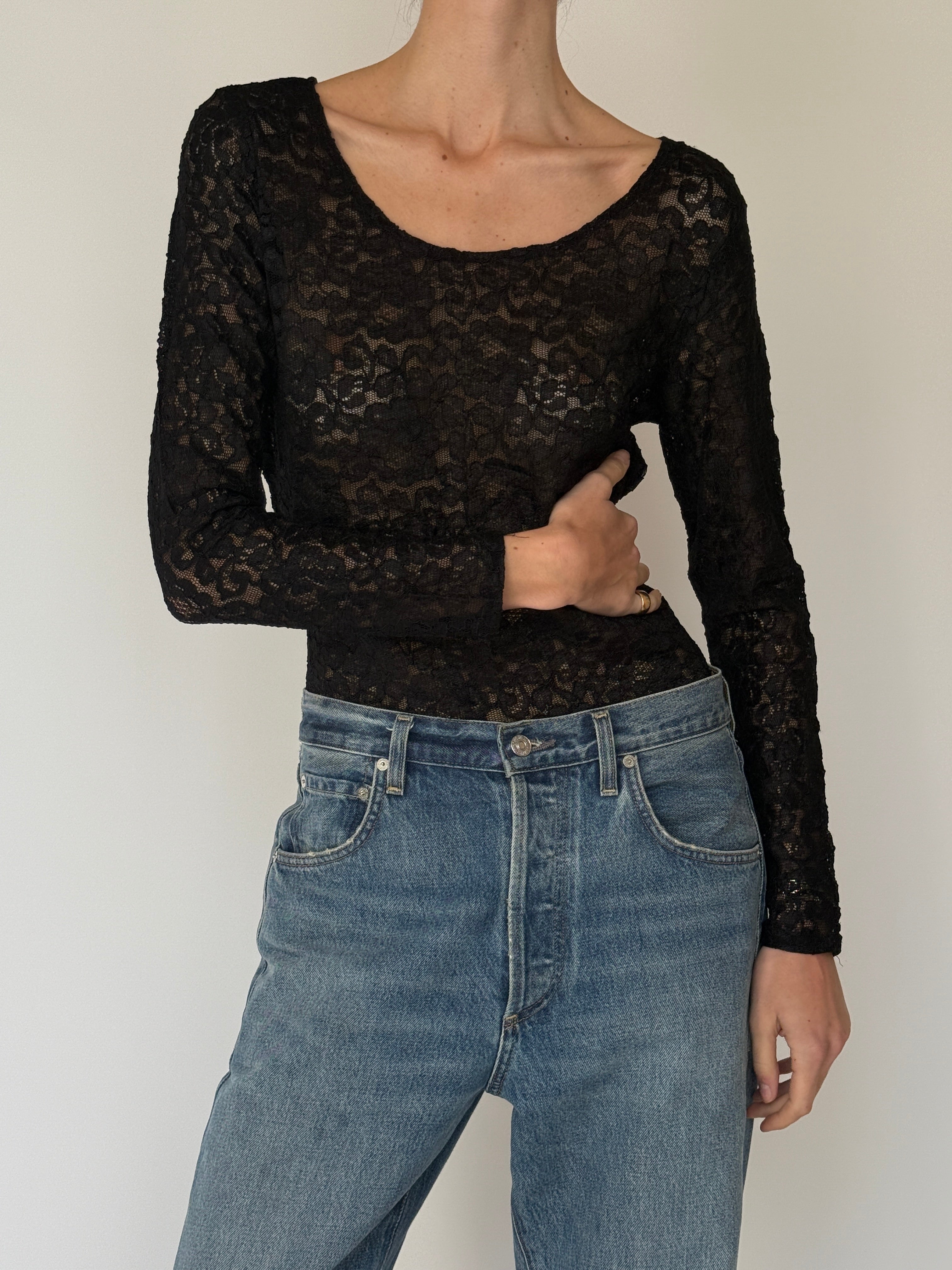 Vintage Lace Long Sleeve Top Black 7047