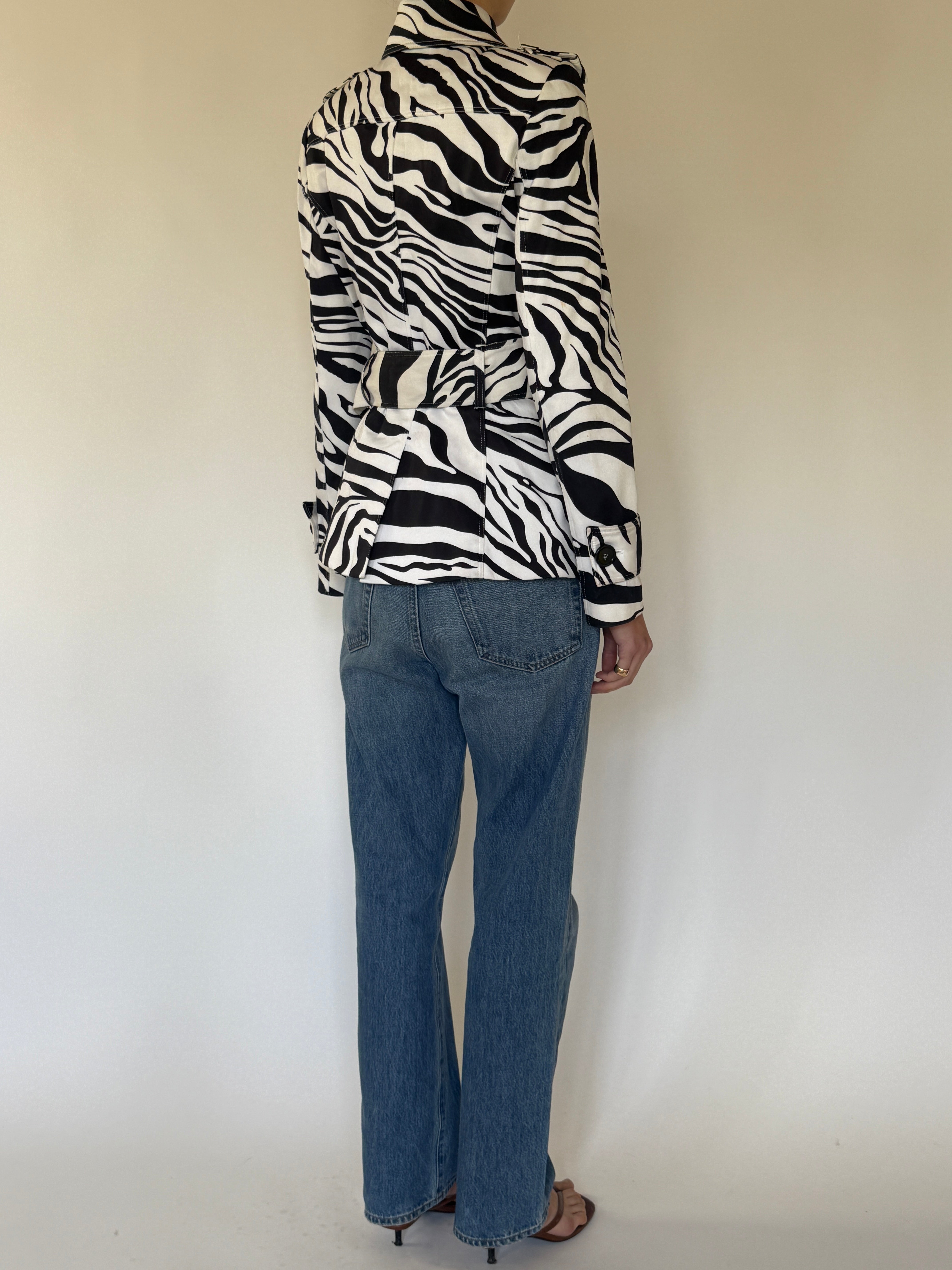 Vintage Zebra Print Belted Trench Jacket Black White 7666