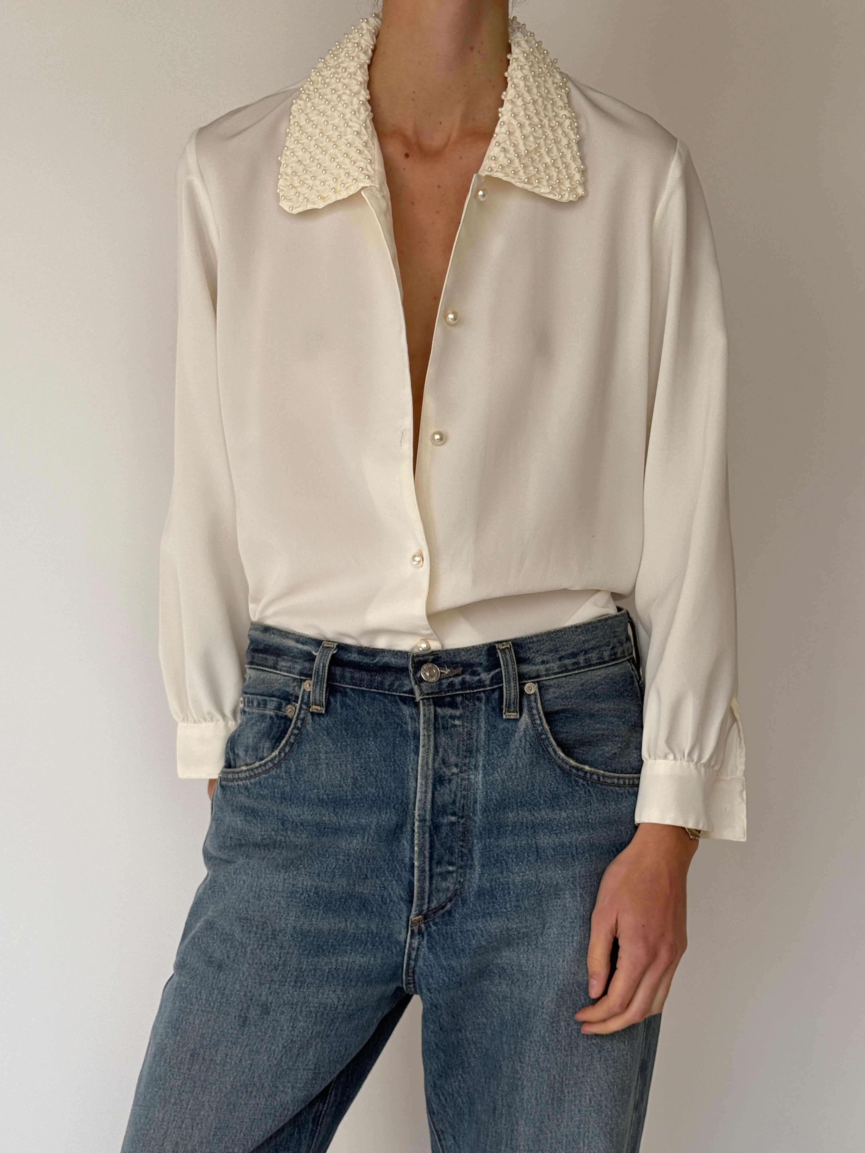 Vintage Blouse With Beaded Collar Ivory 7048