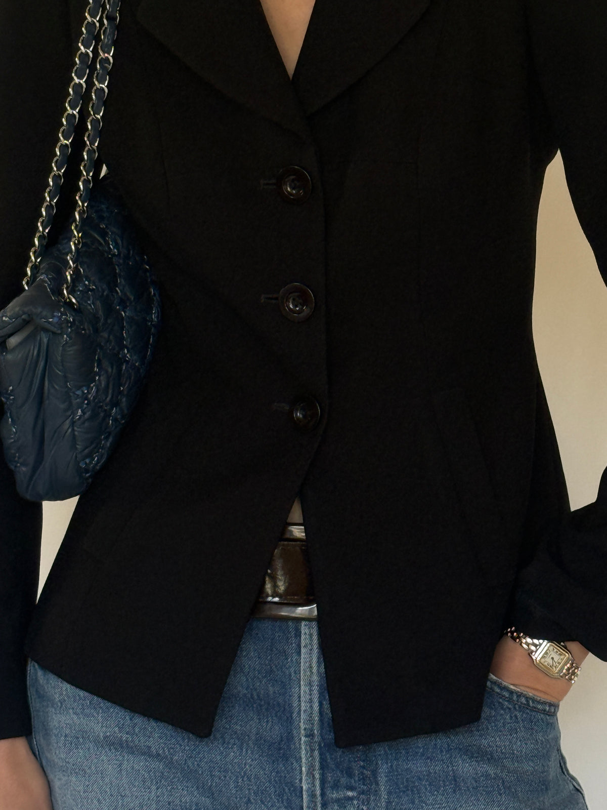Vintage black blazer fabric close-up
