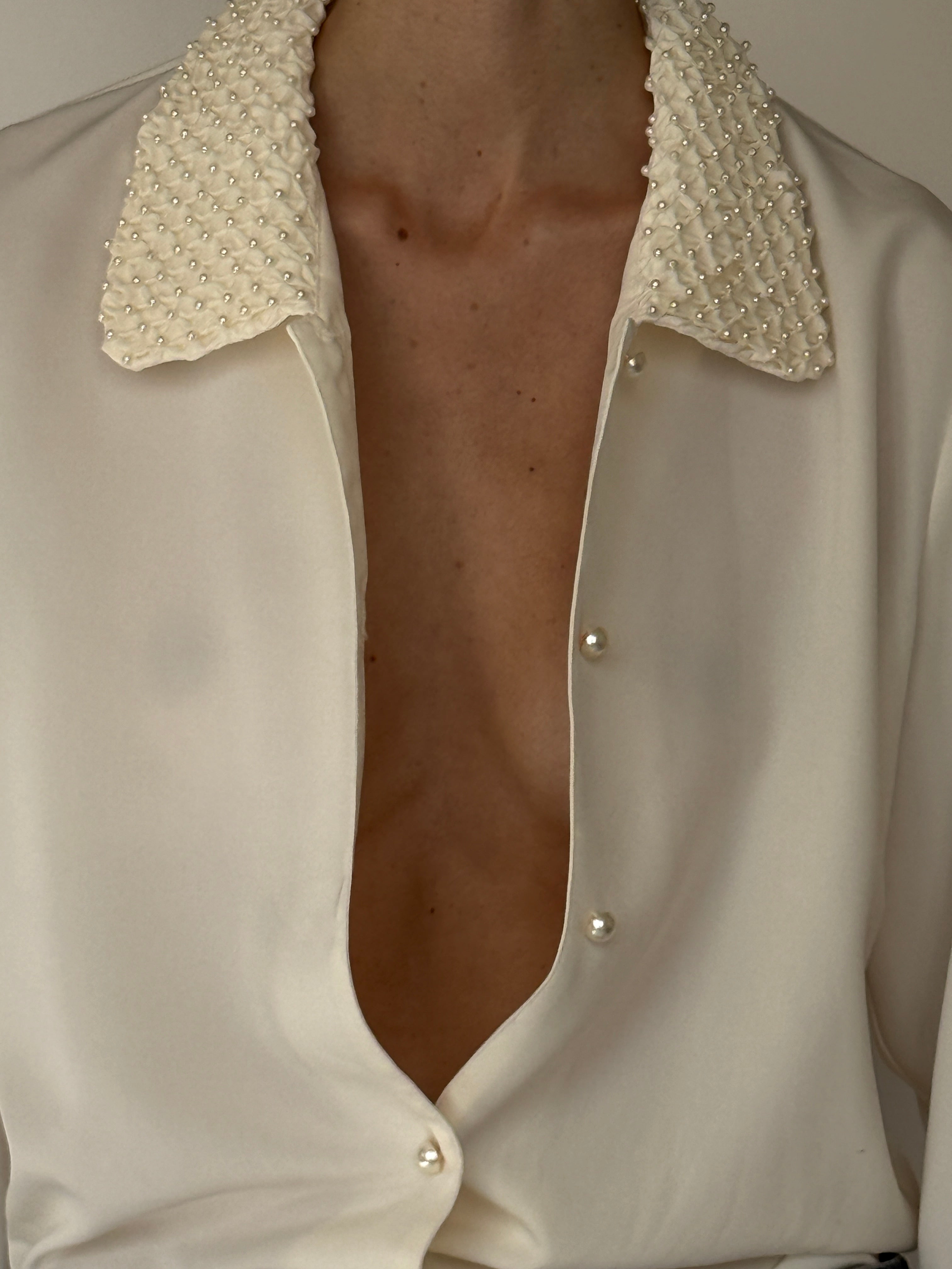Vintage Blouse With Beaded Collar Ivory 7048