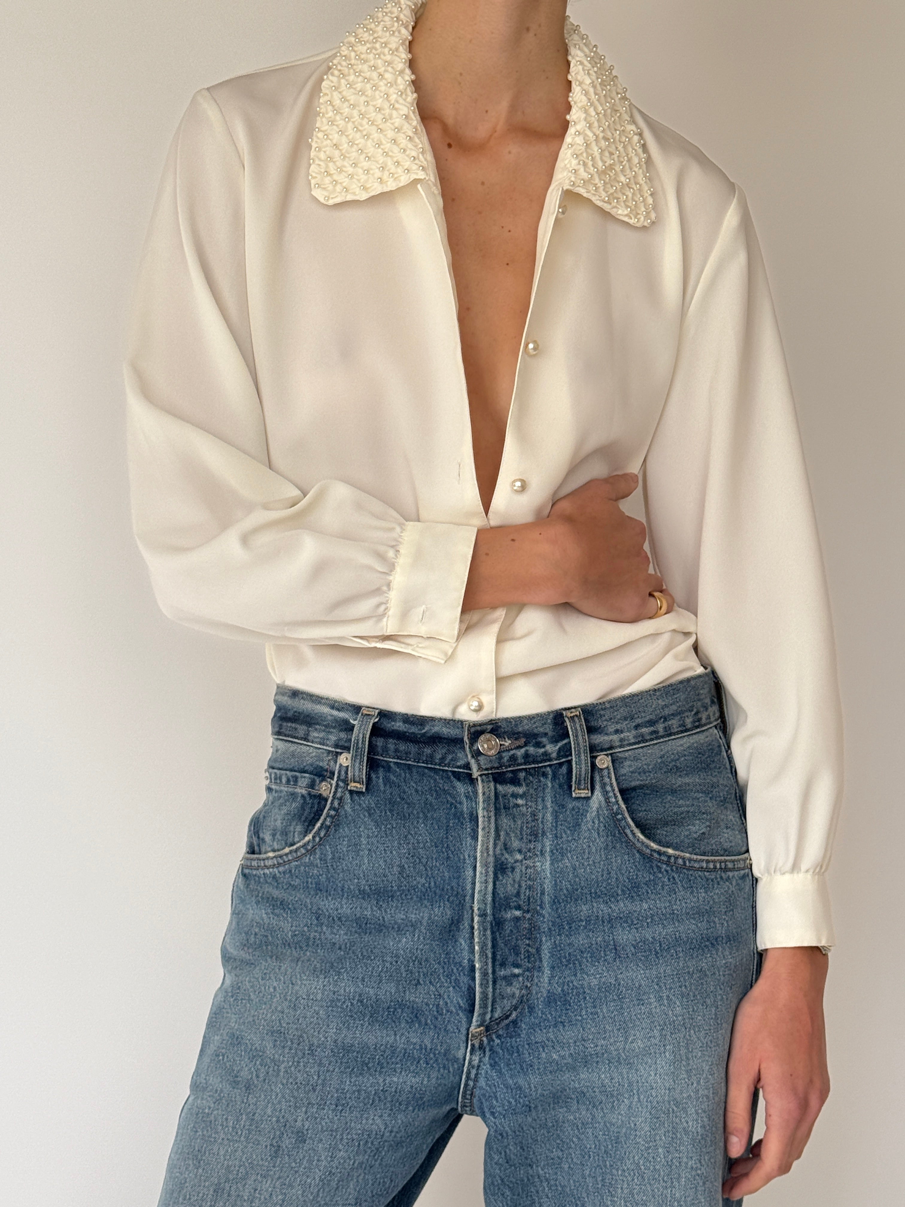 Vintage Blouse With Beaded Collar Ivory 7048