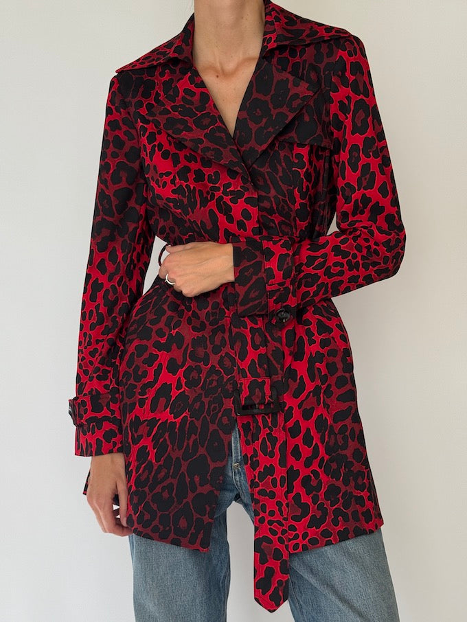 Vintage Leopard Short Trench Coat Red 6479