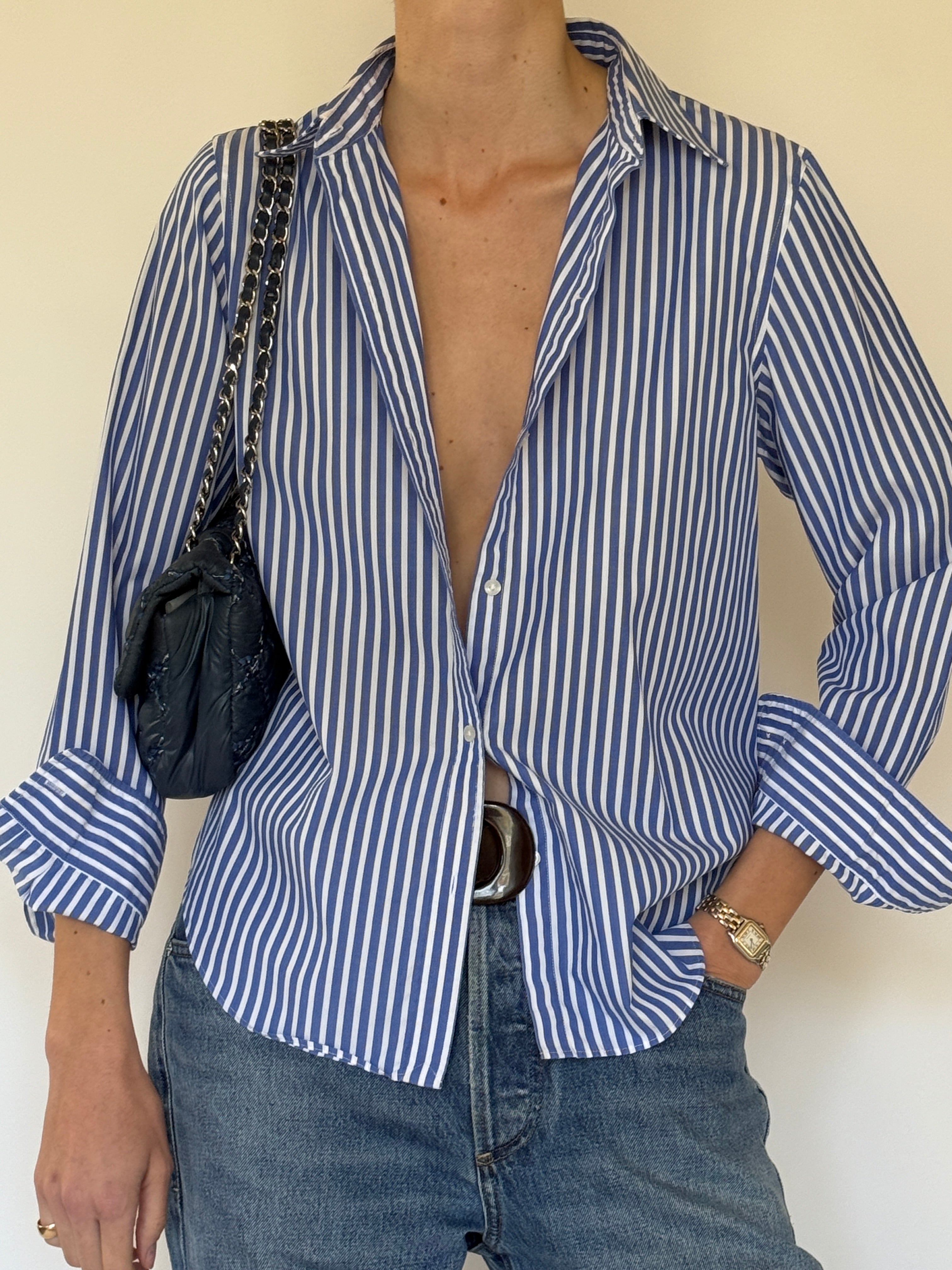Vintage blue and white striped cotton shirt front view with button front