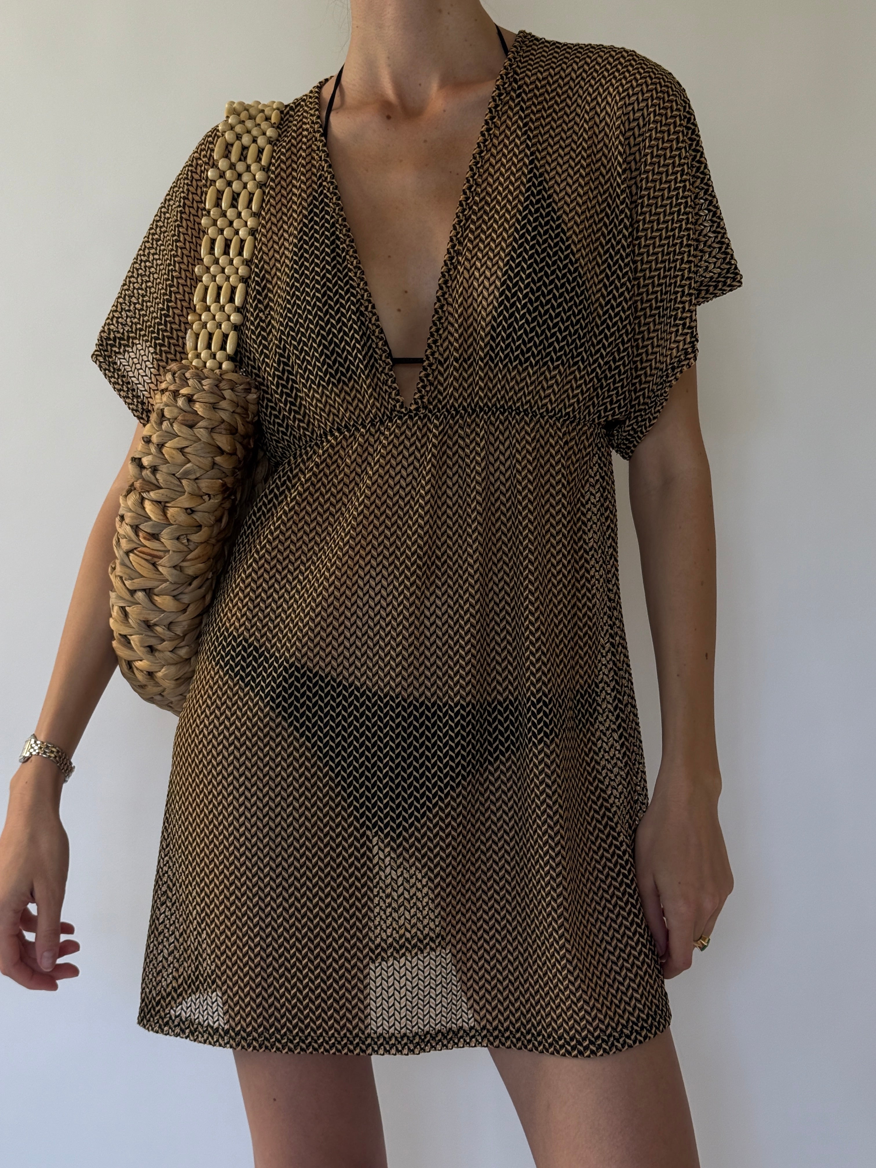 Vintage brown and black woven-print swim cover-up front view