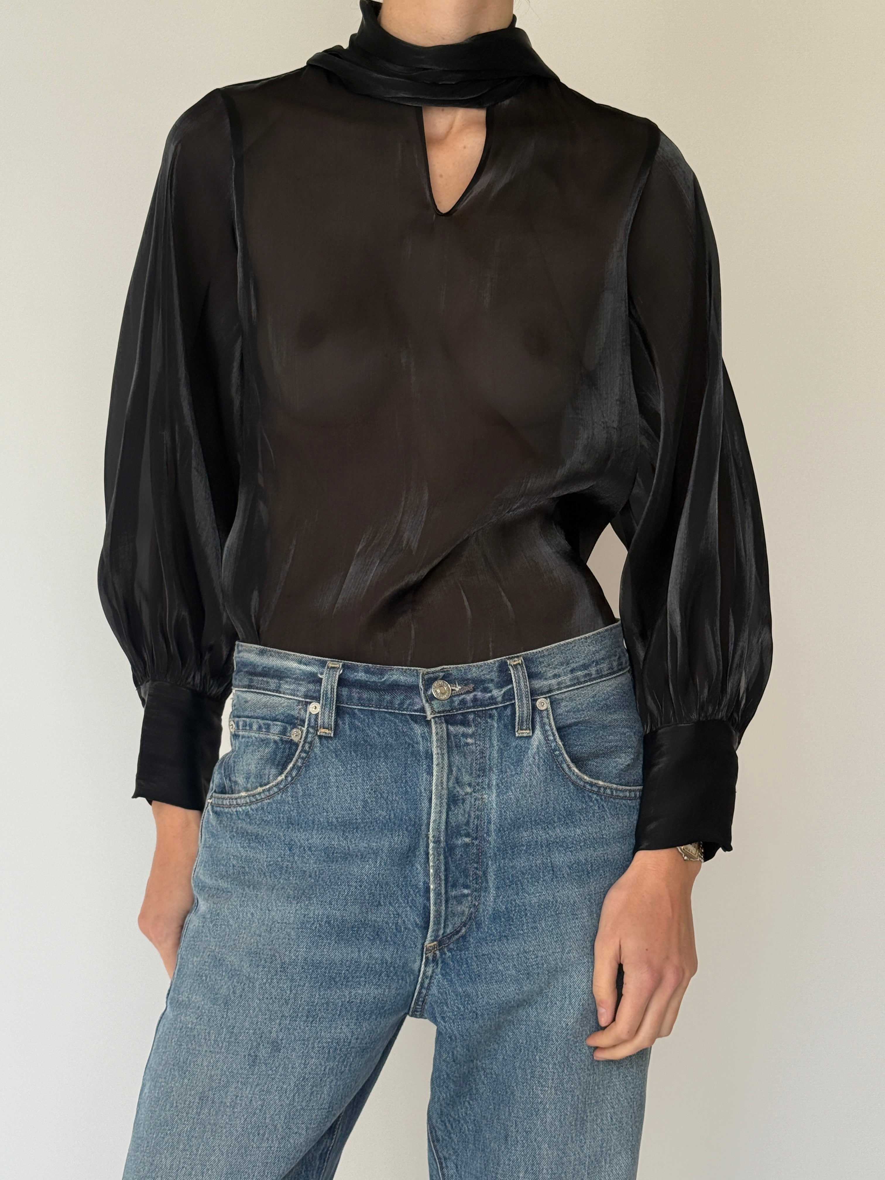 Vintage Sheer Scarf-Neck Blouse Black 7049