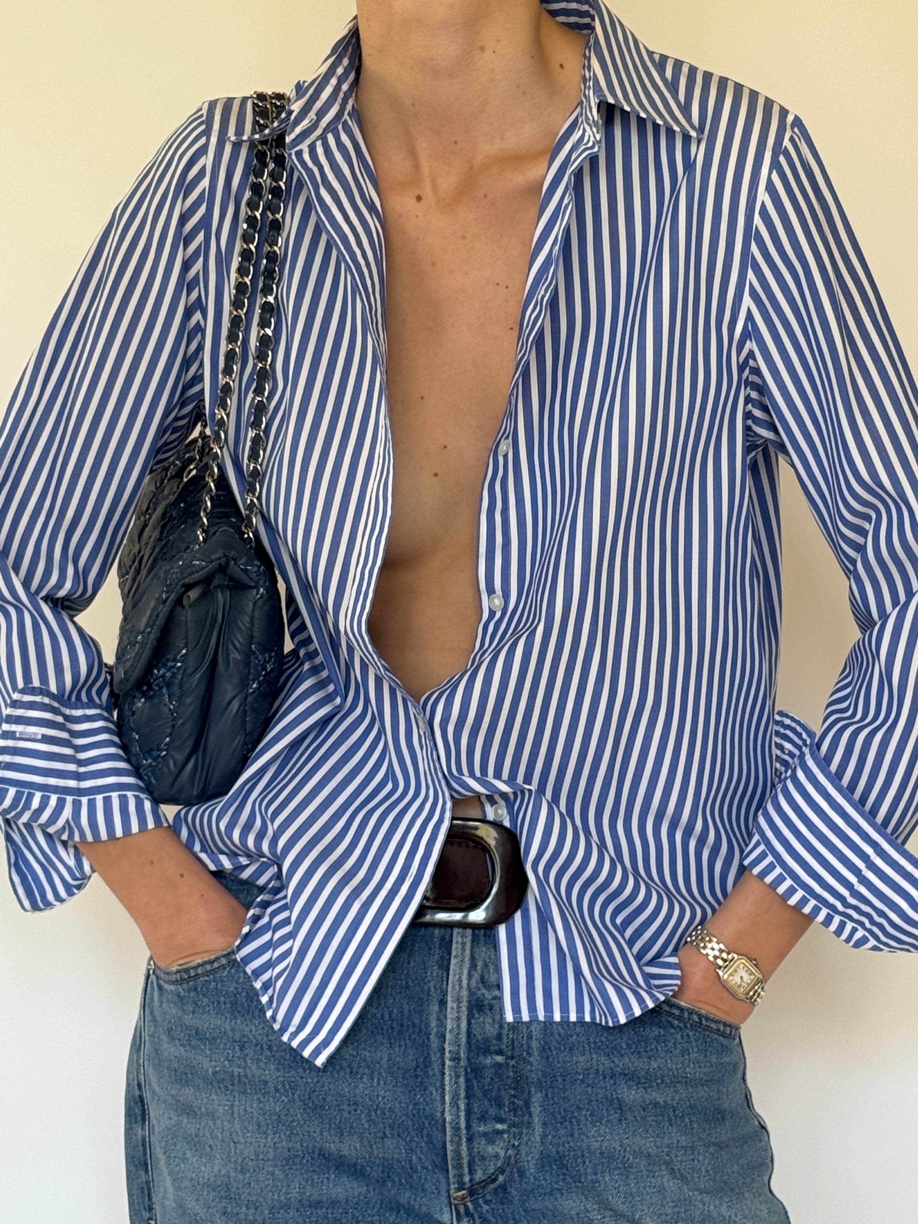 Vintage blue and white striped cotton shirt front view with button front