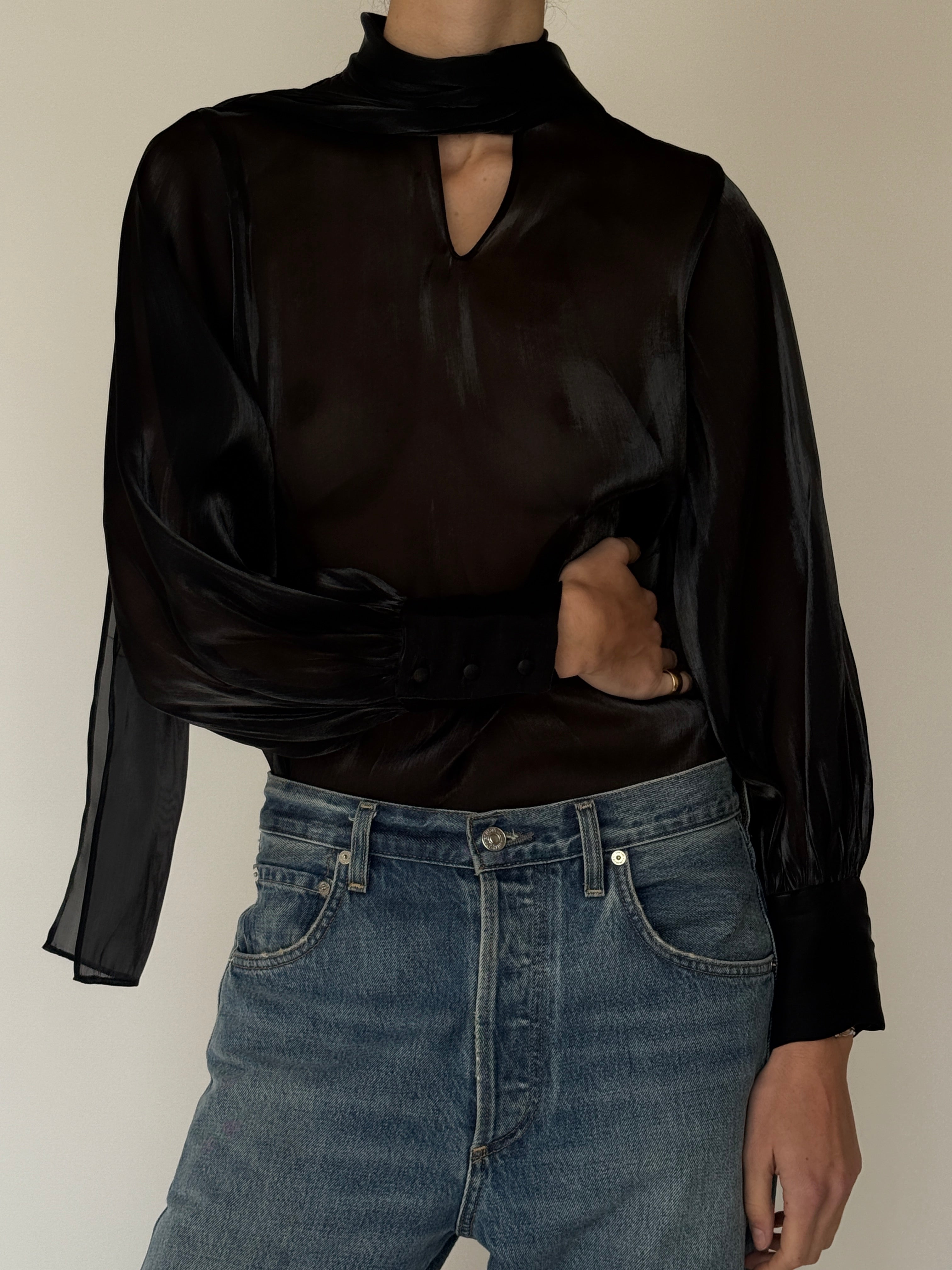 Vintage Sheer Scarf-Neck Blouse Black 7049