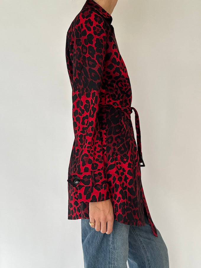 Vintage Leopard Short Trench Coat Red 6479