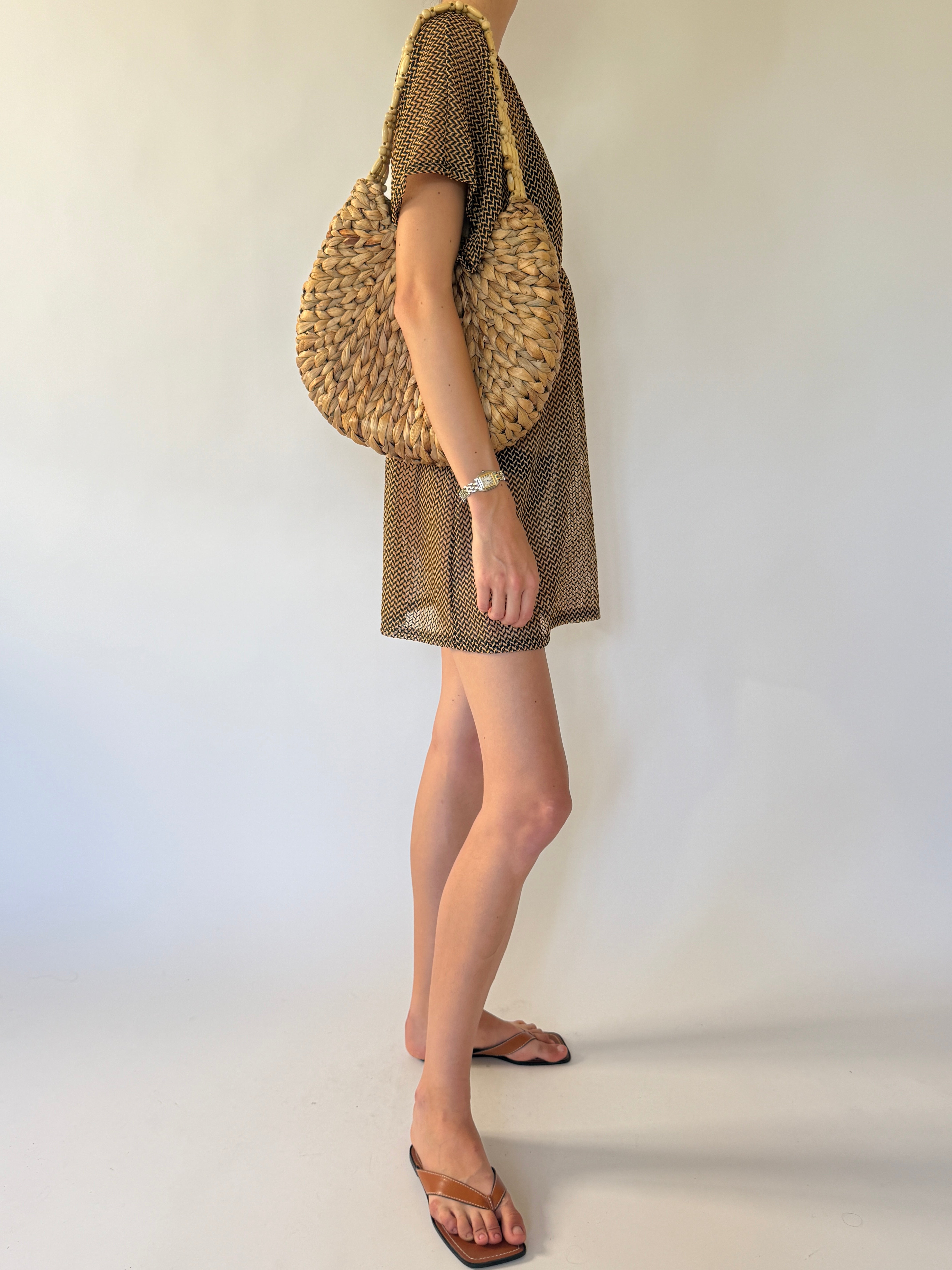 Vintage brown and black woven-print swim cover-up side view