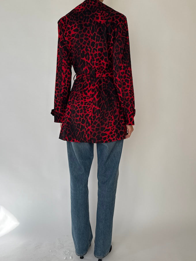 Vintage Leopard Short Trench Coat Red 6479