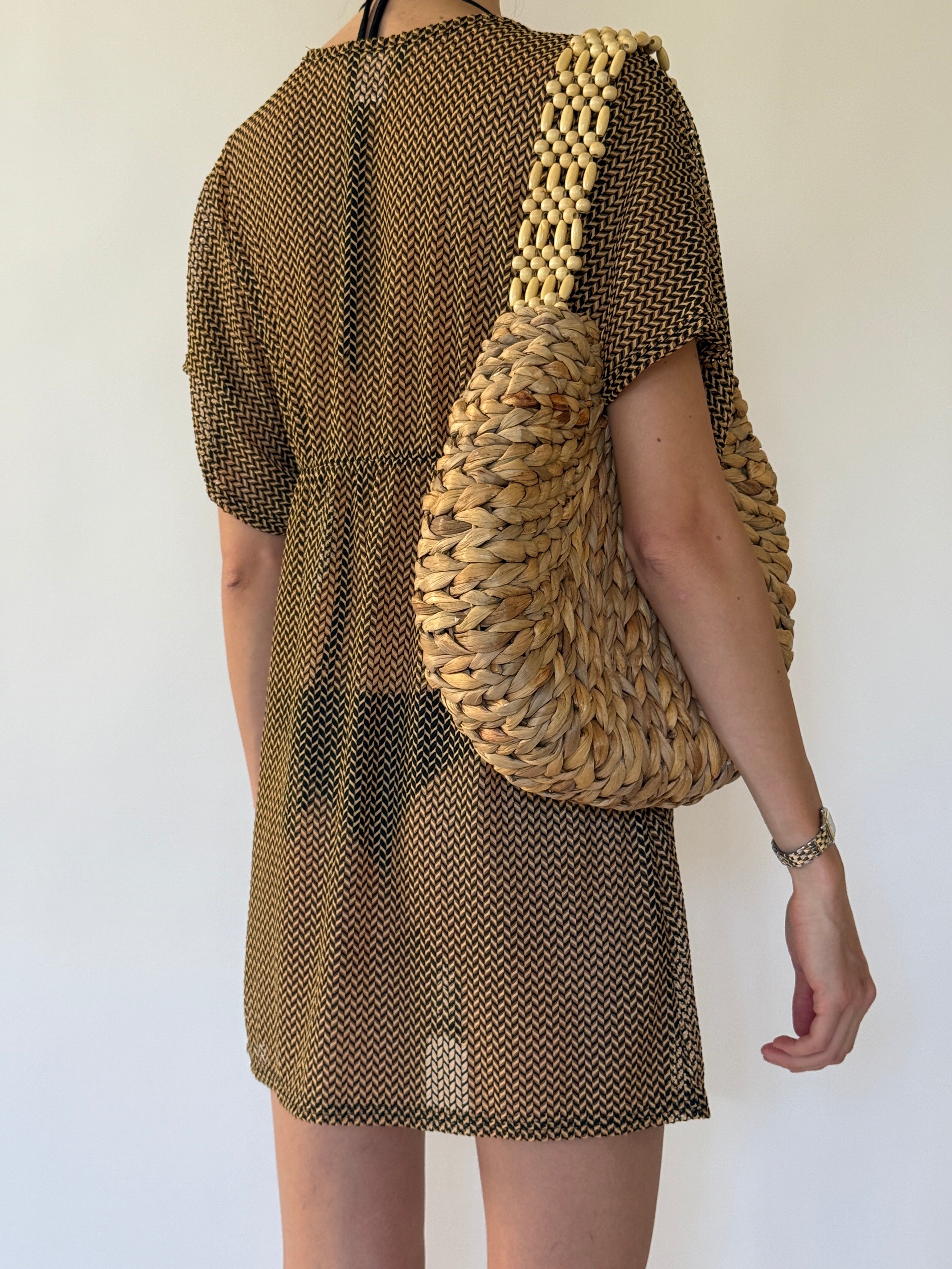 Vintage brown and black woven-print swim cover-up back view