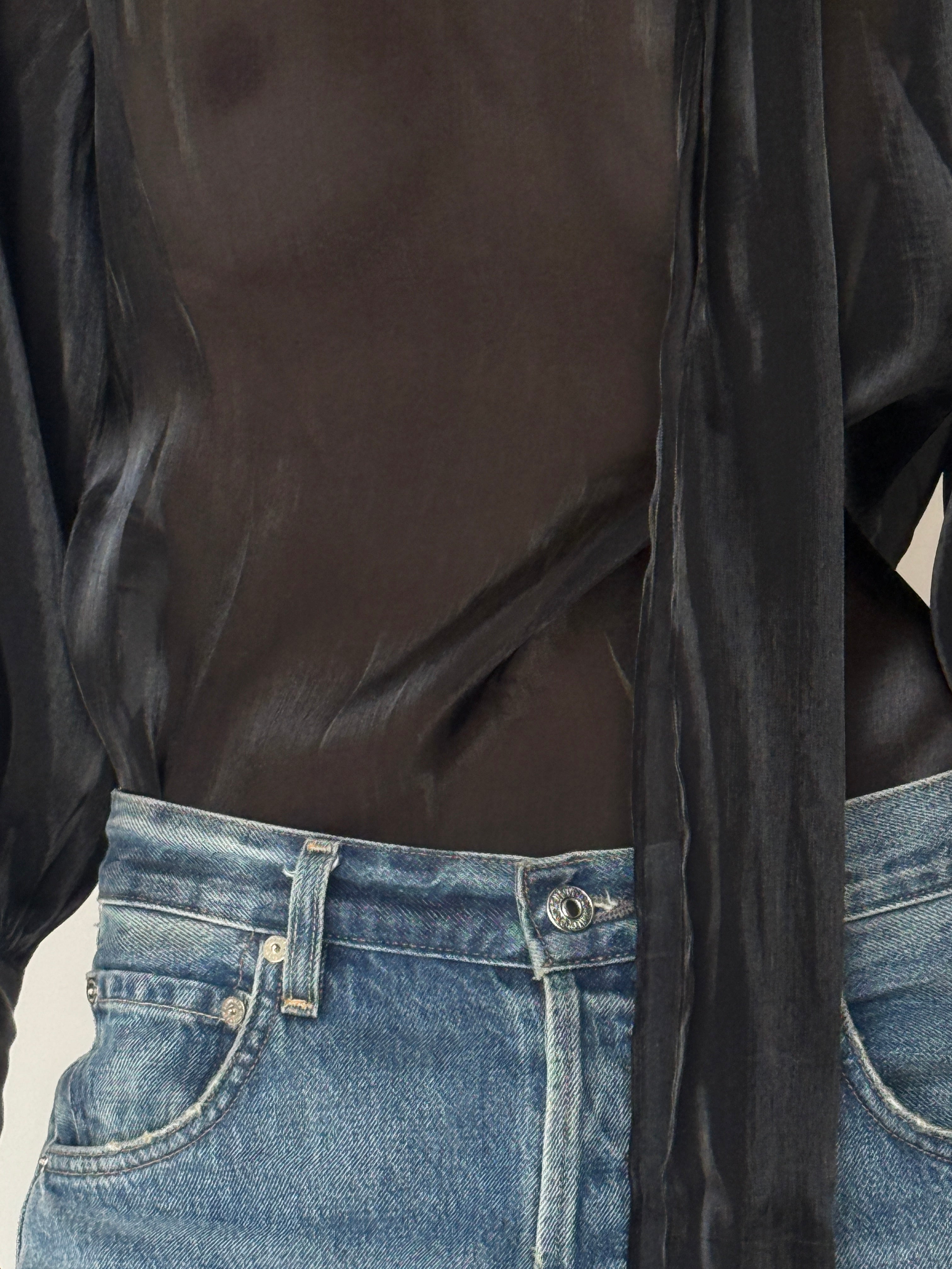 Vintage Sheer Scarf-Neck Blouse Black 7049