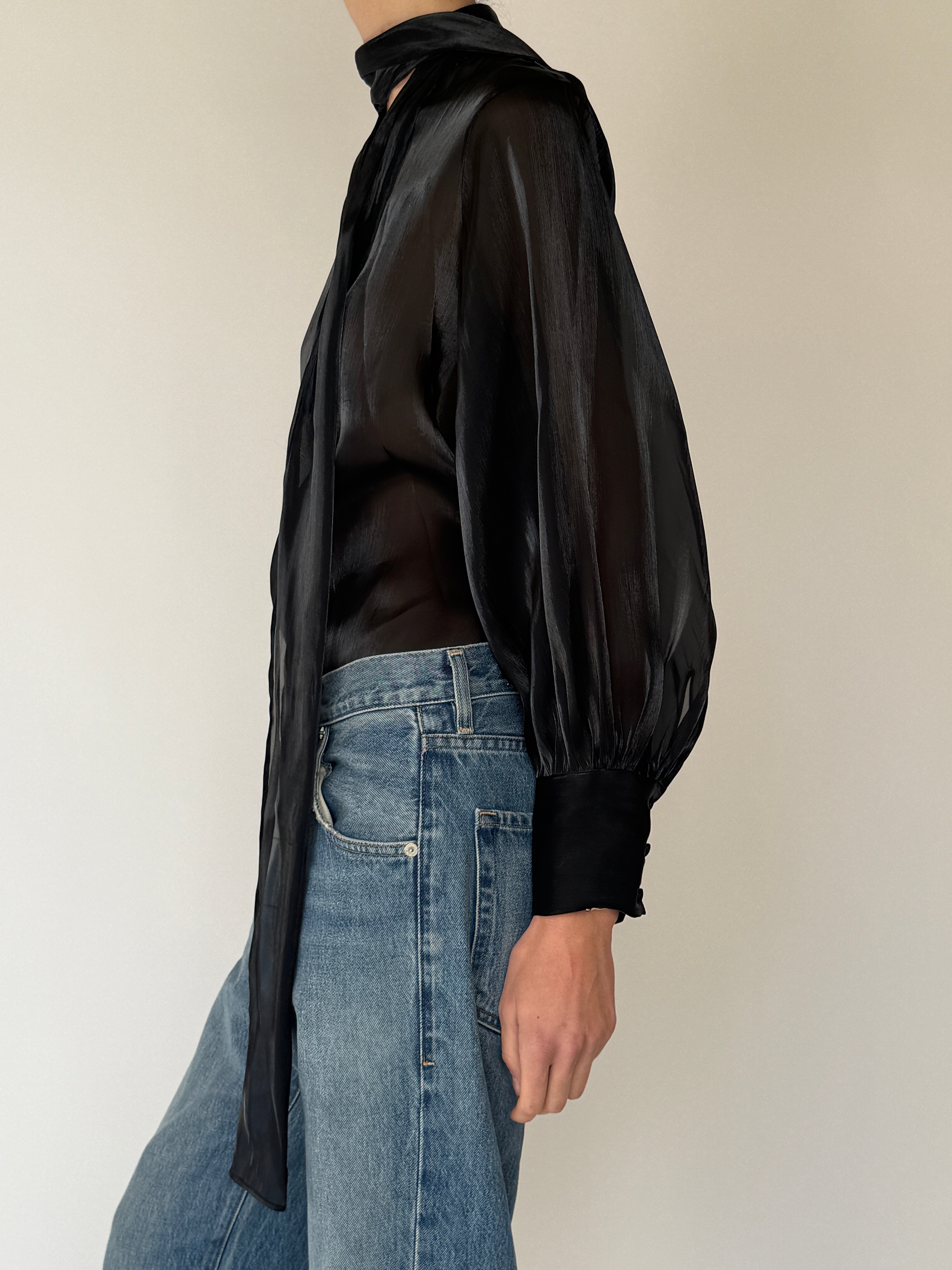 Vintage Sheer Scarf-Neck Blouse Black 7049
