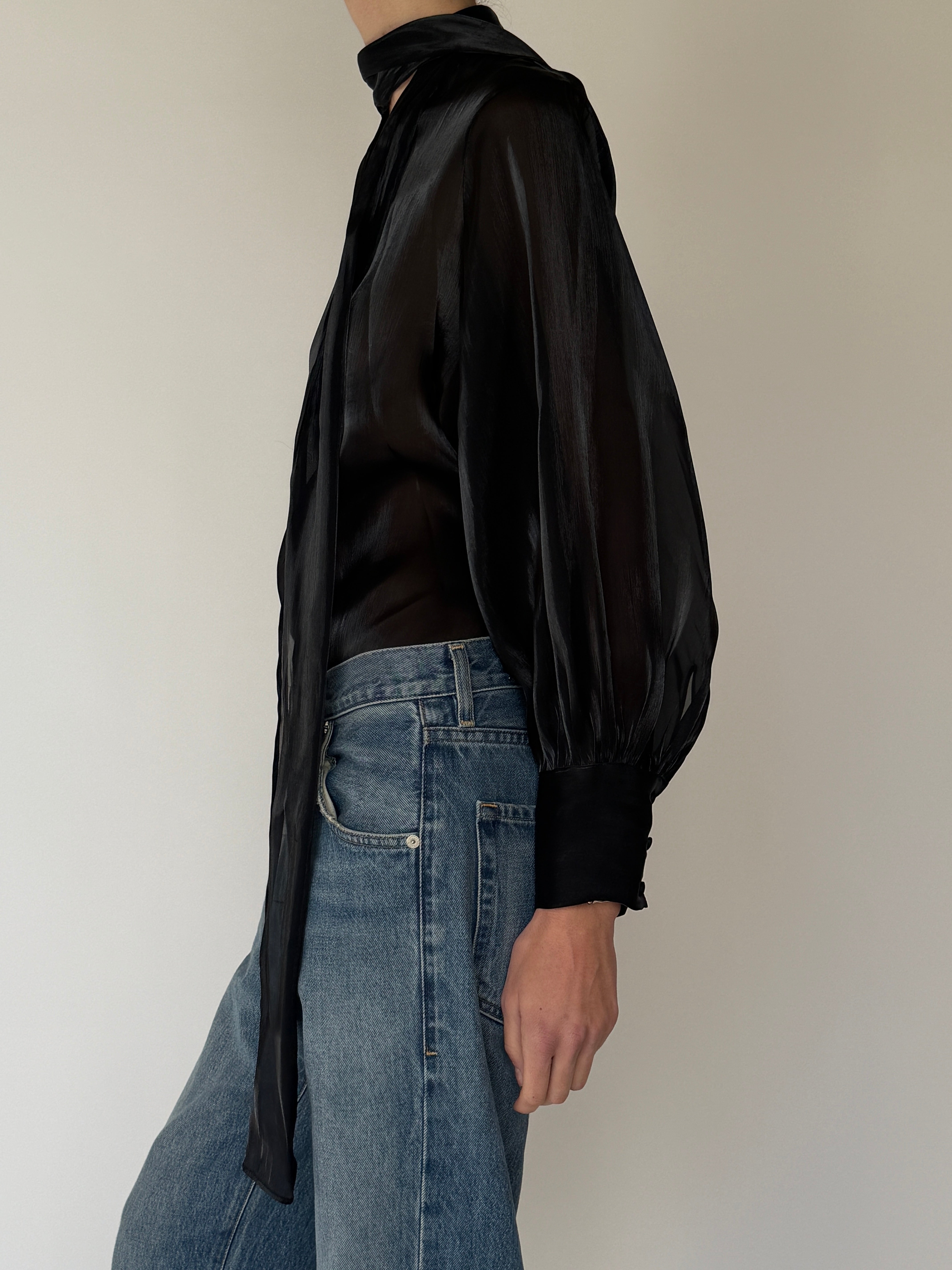 Vintage Sheer Scarf-Neck Blouse Black 7049