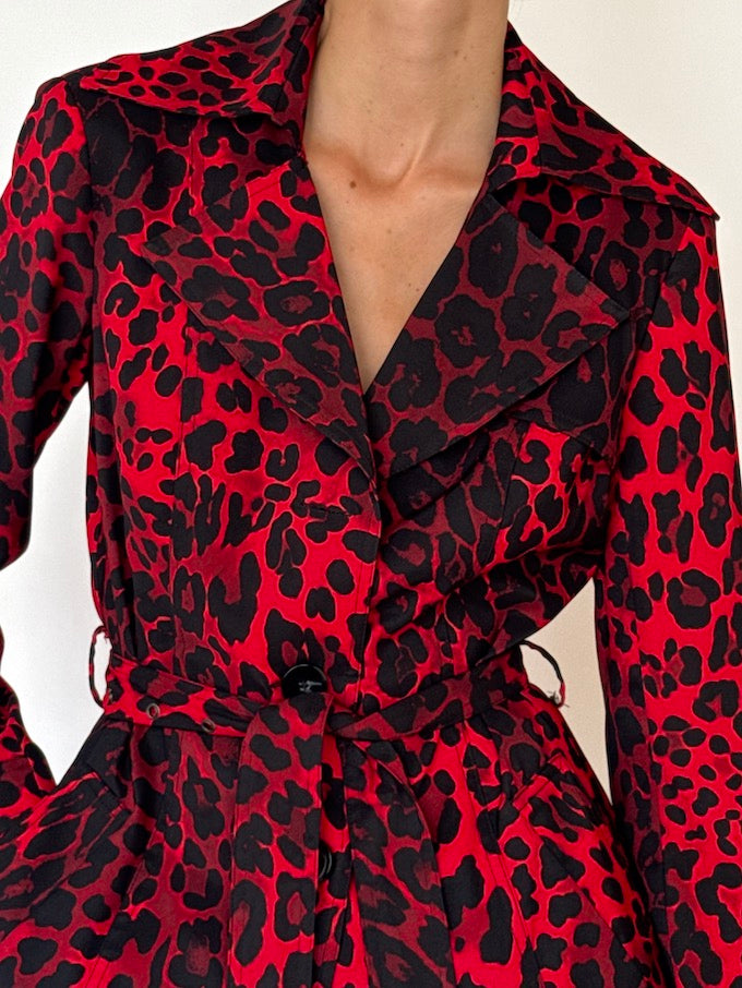 Vintage Leopard Short Trench Coat Red 6479