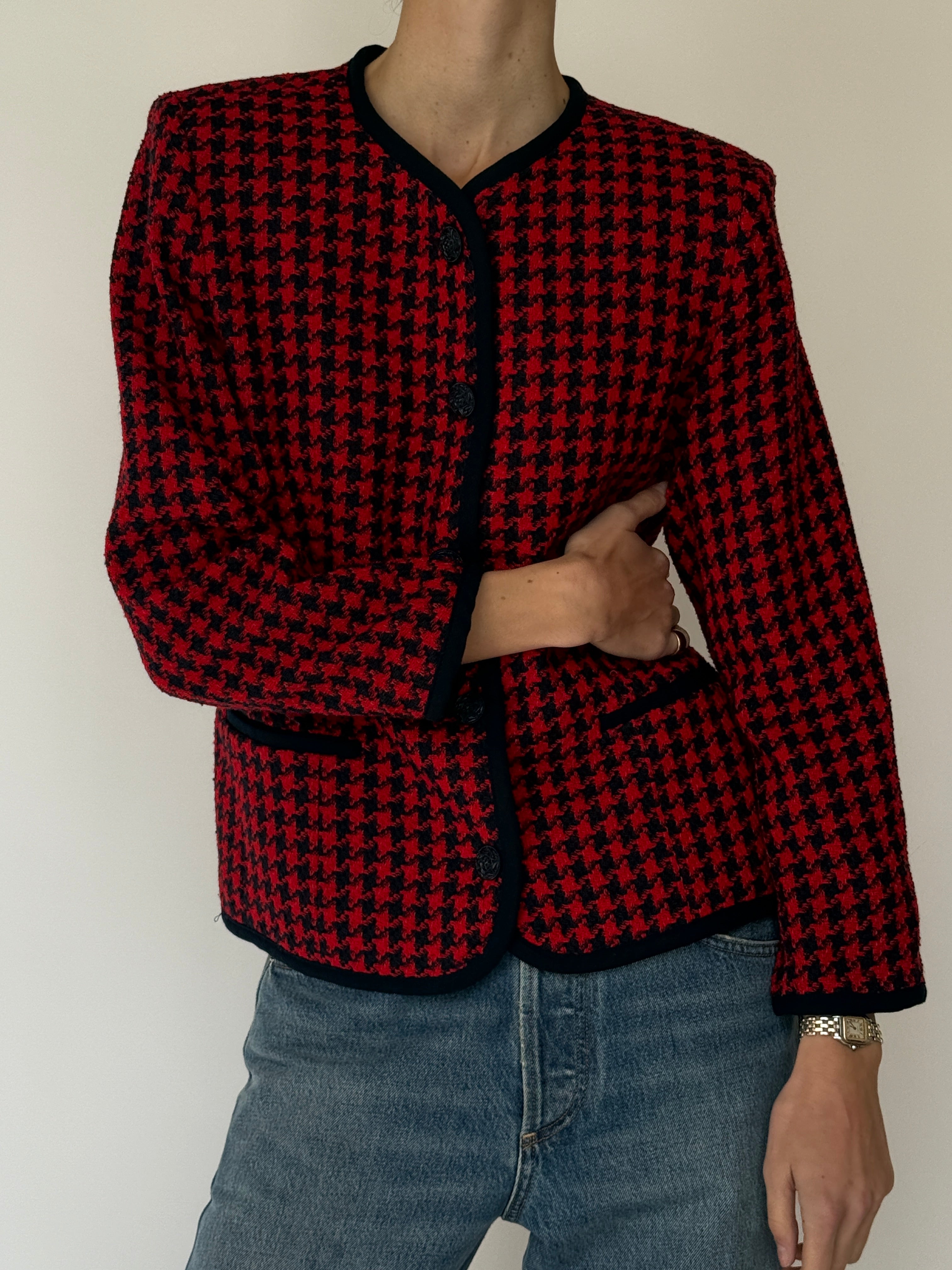 Vintage Houndstooth Woven Blazer Red & Black 7050