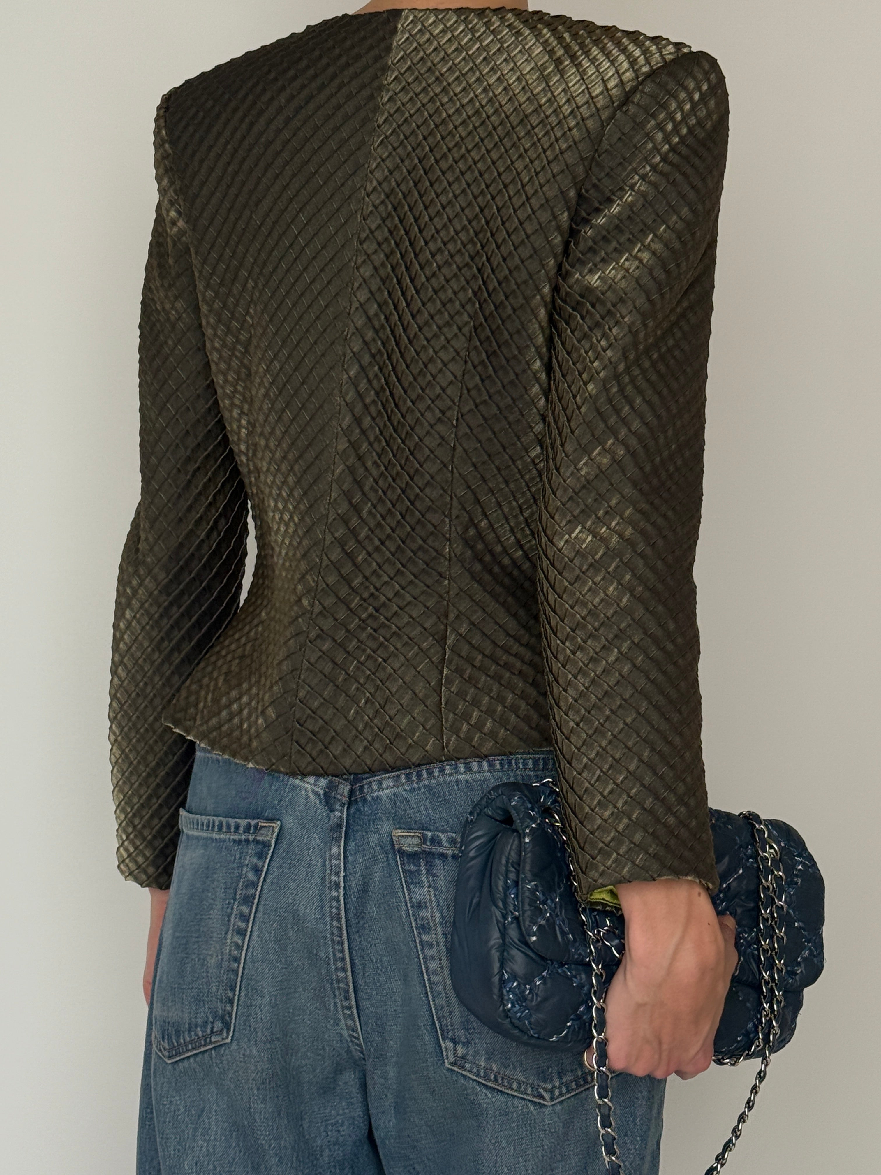 Vintage woven textured jacket olive brown back view