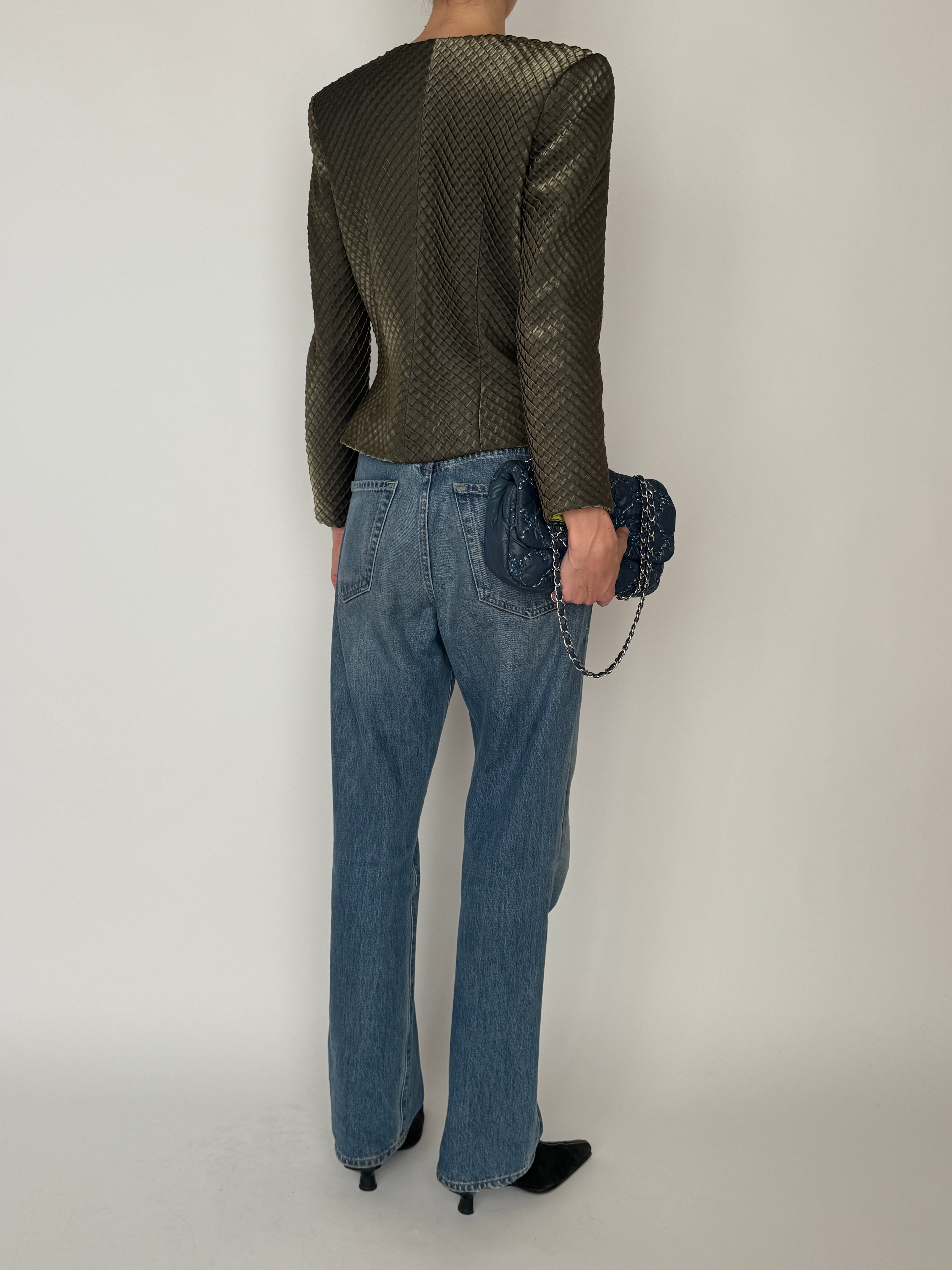 Vintage woven textured jacket olive brown back view