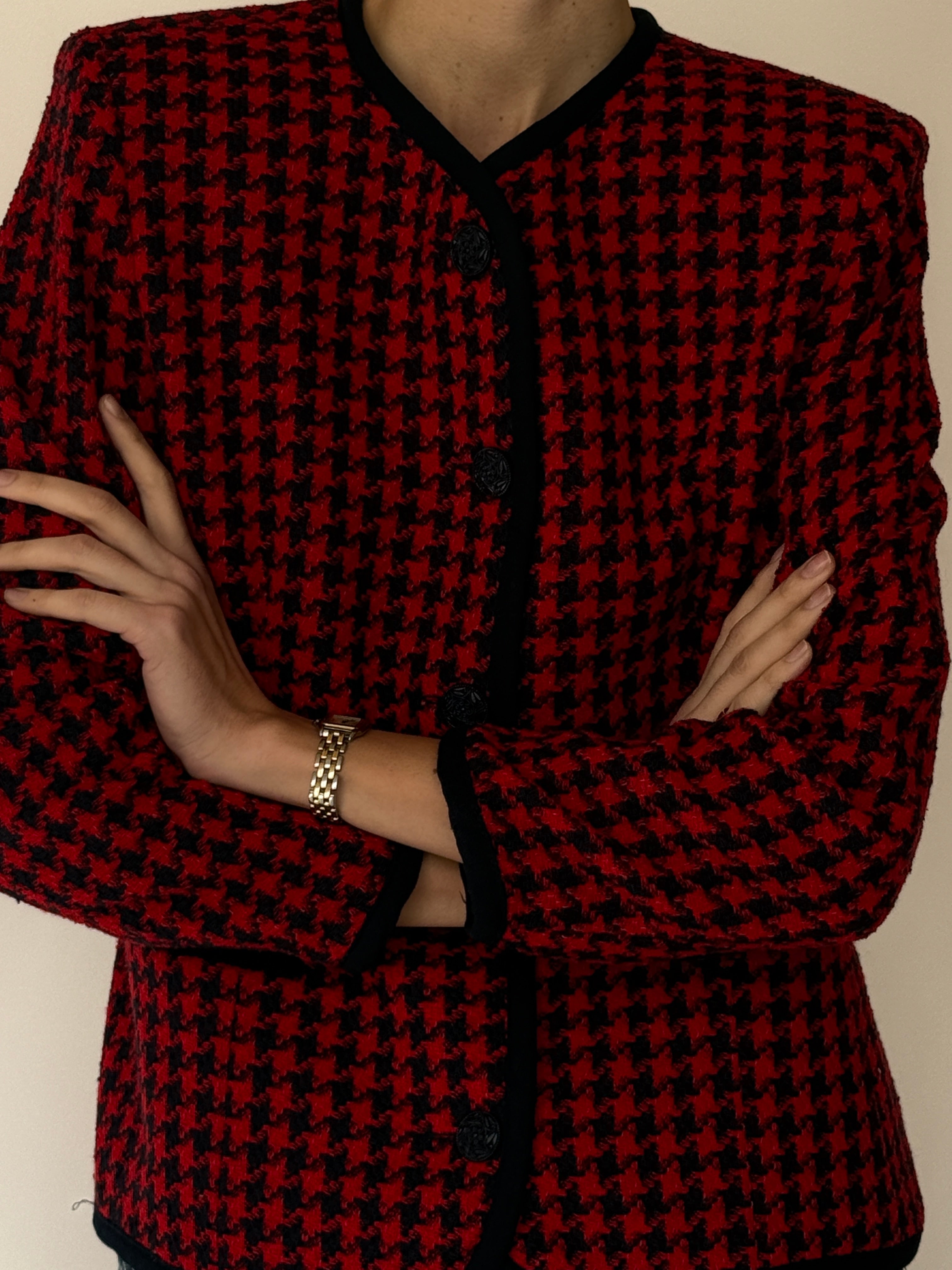 Vintage Houndstooth Woven Blazer Red & Black 7050