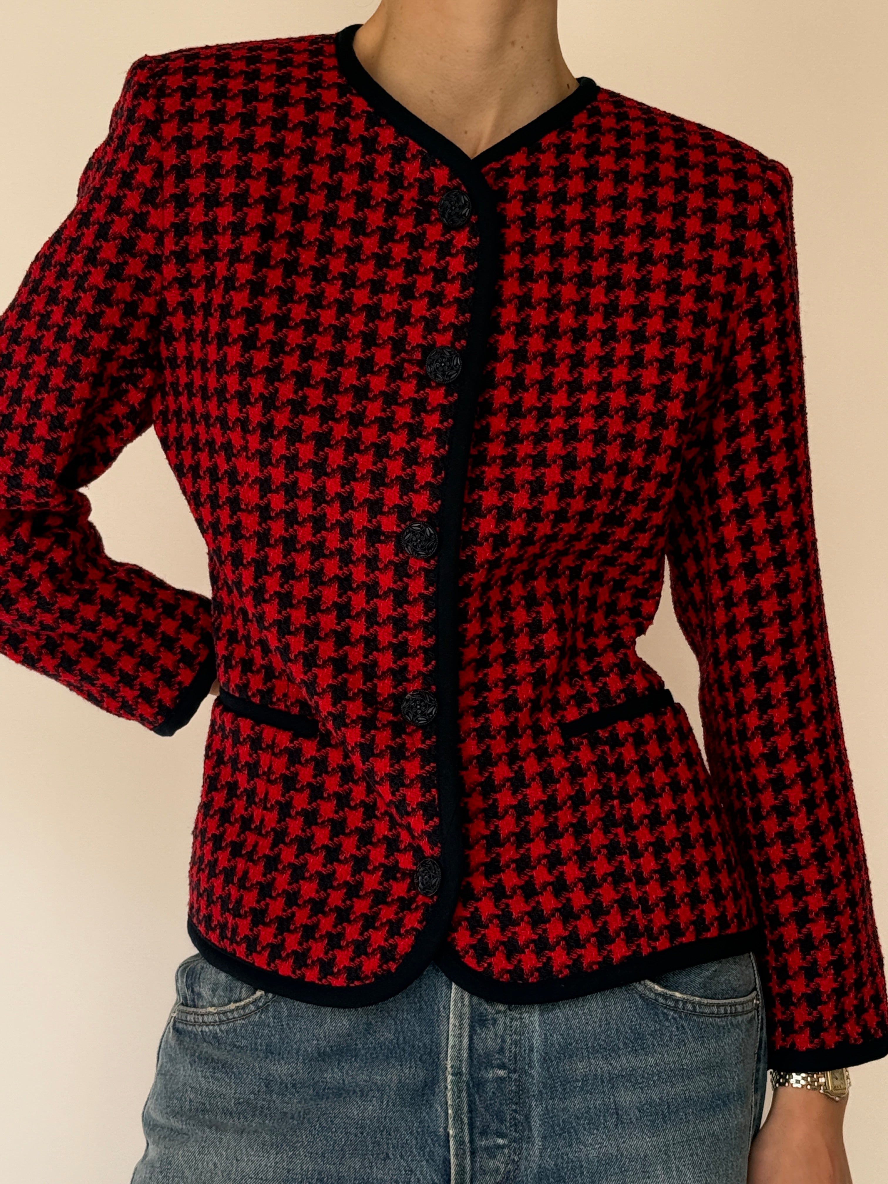 Vintage Houndstooth Woven Blazer Red & Black 7050
