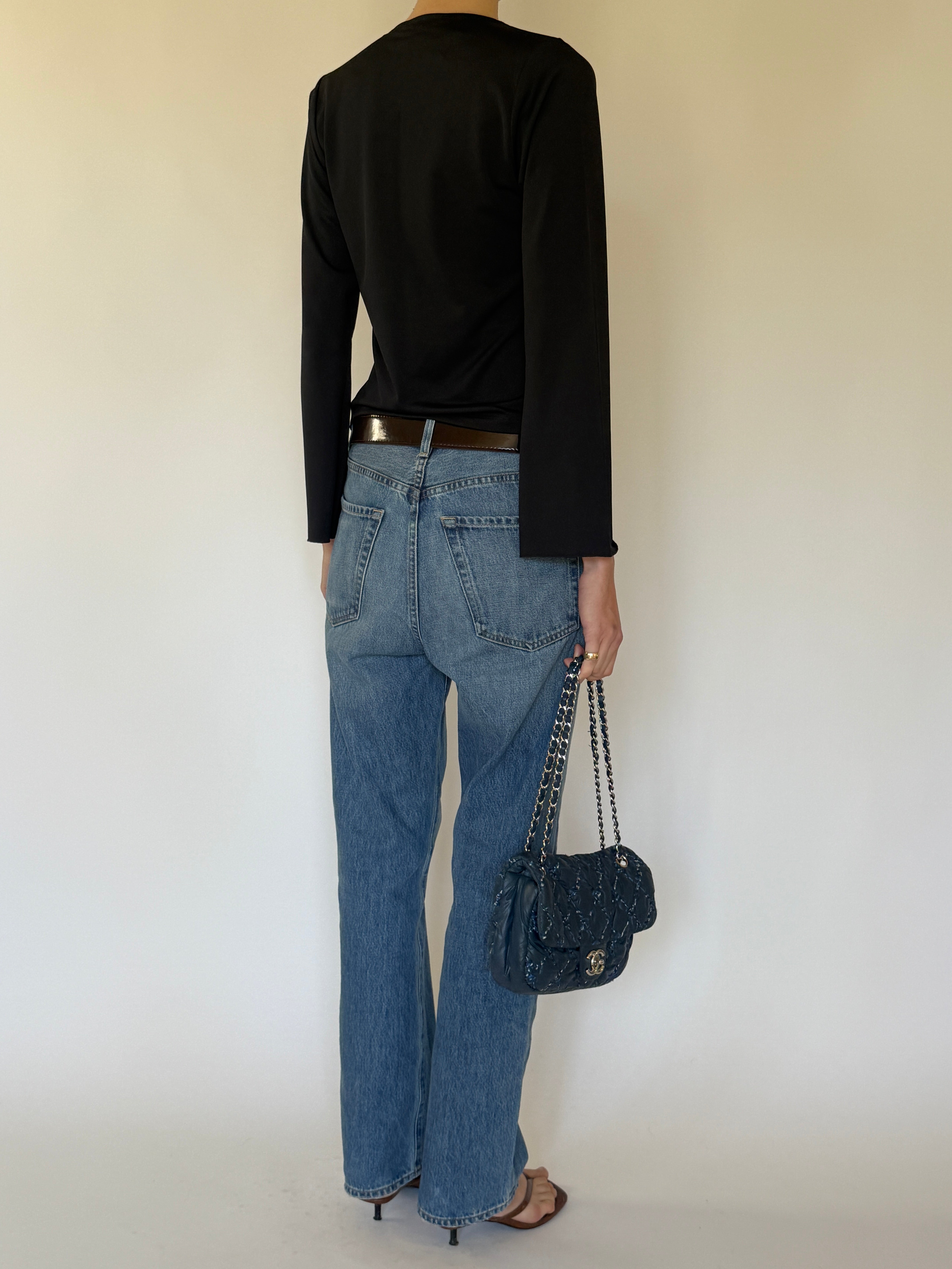 Vintage black hook front ruched blouse back view long sleeves