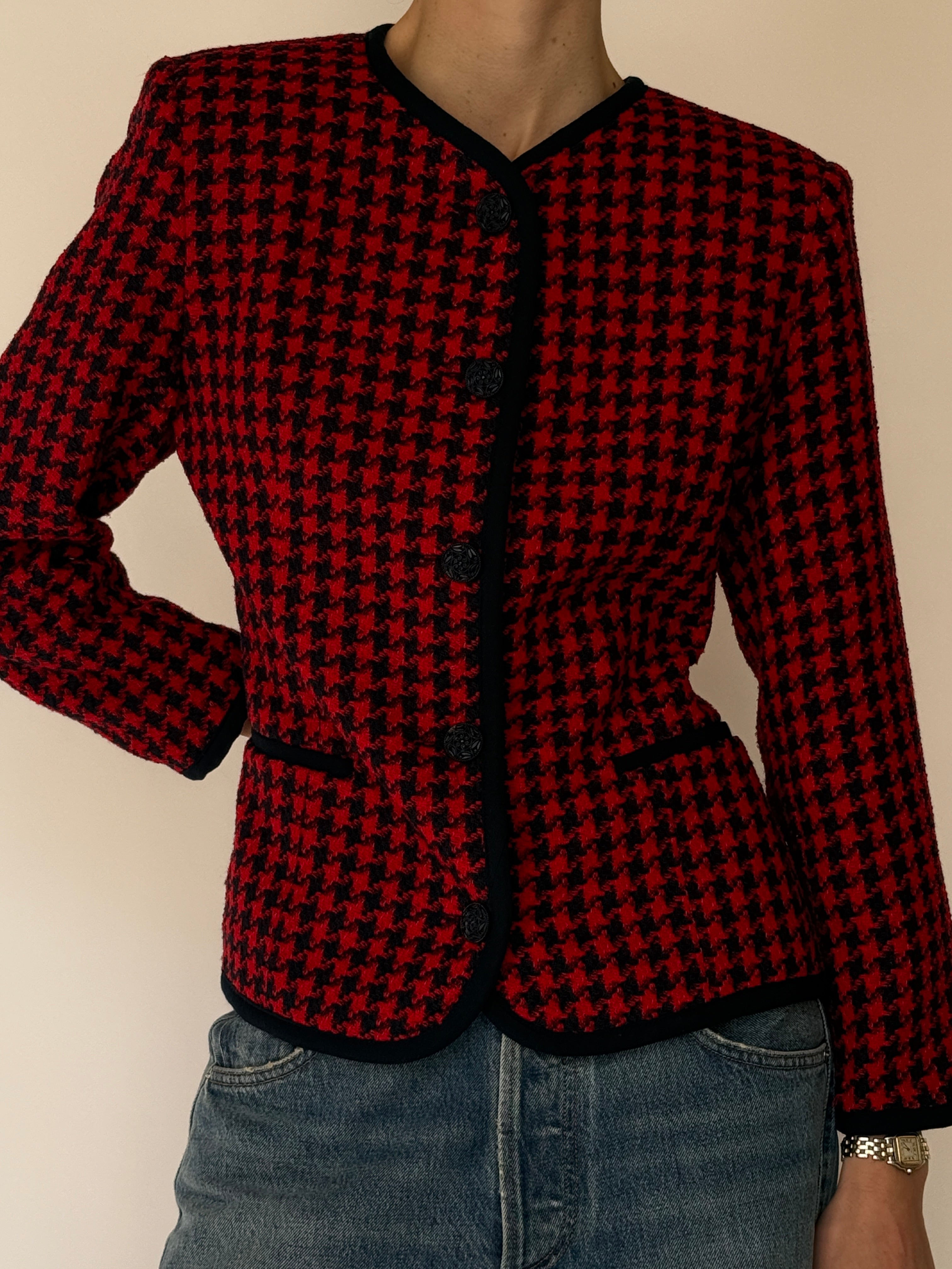 Vintage Houndstooth Woven Blazer Red & Black 7050