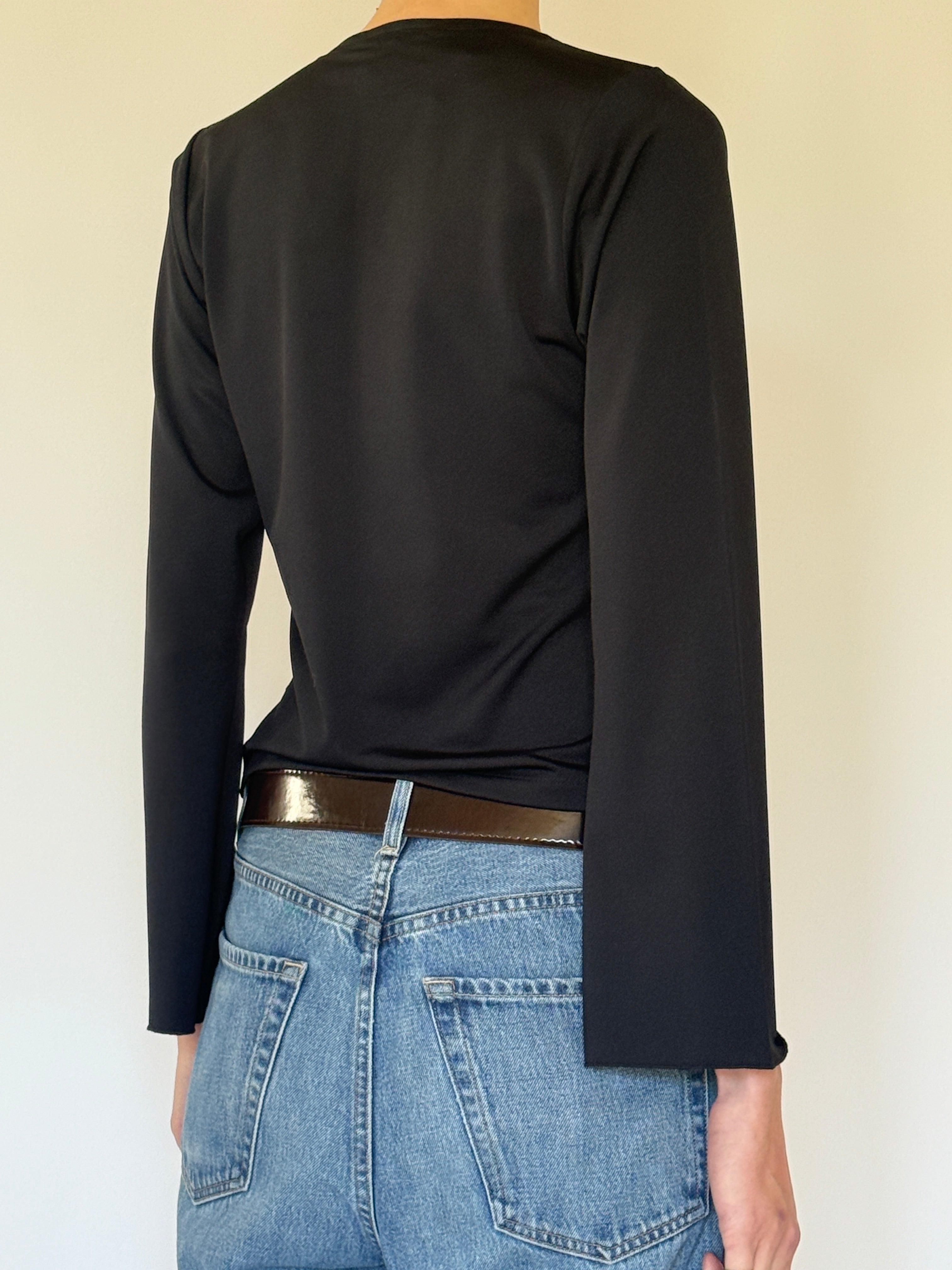 Vintage black hook front ruched blouse back view long sleeves