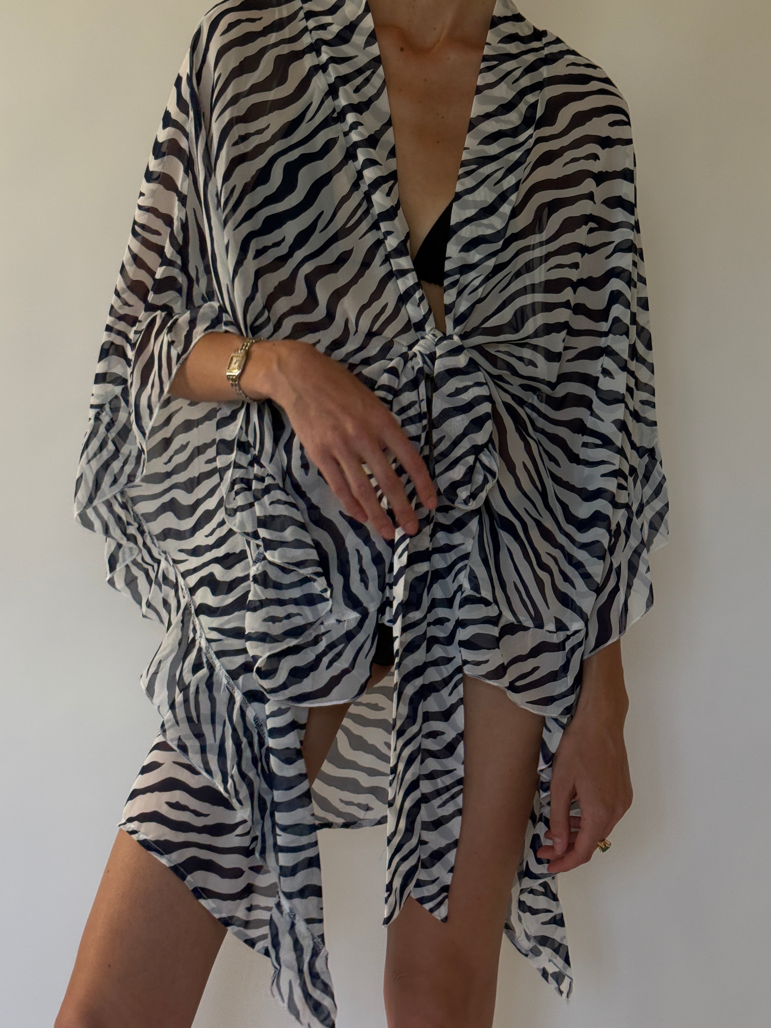 Vintage zebra print swim cover-up wrap detail