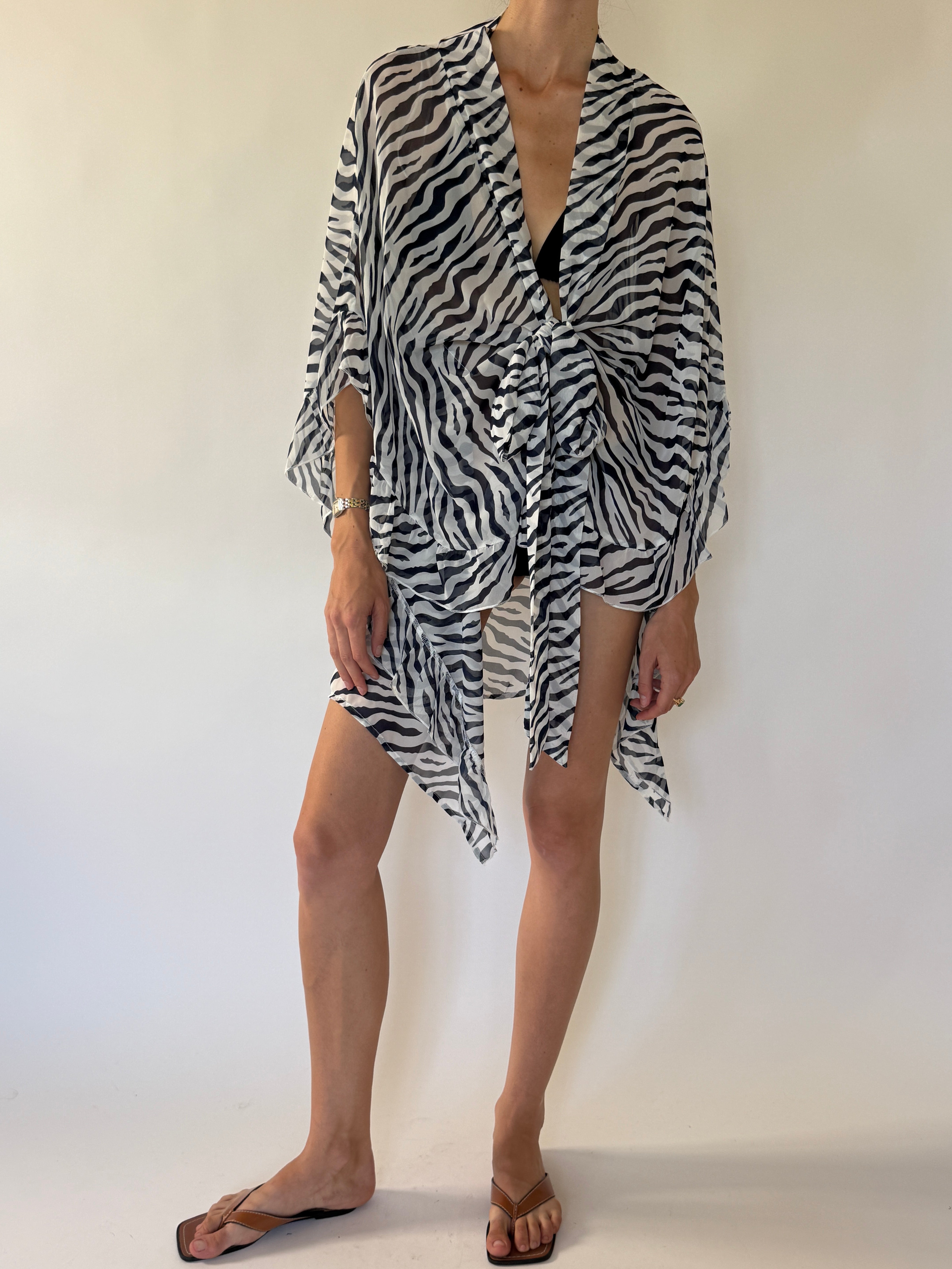 Vintage zebra print swim cover-up tied front detail
