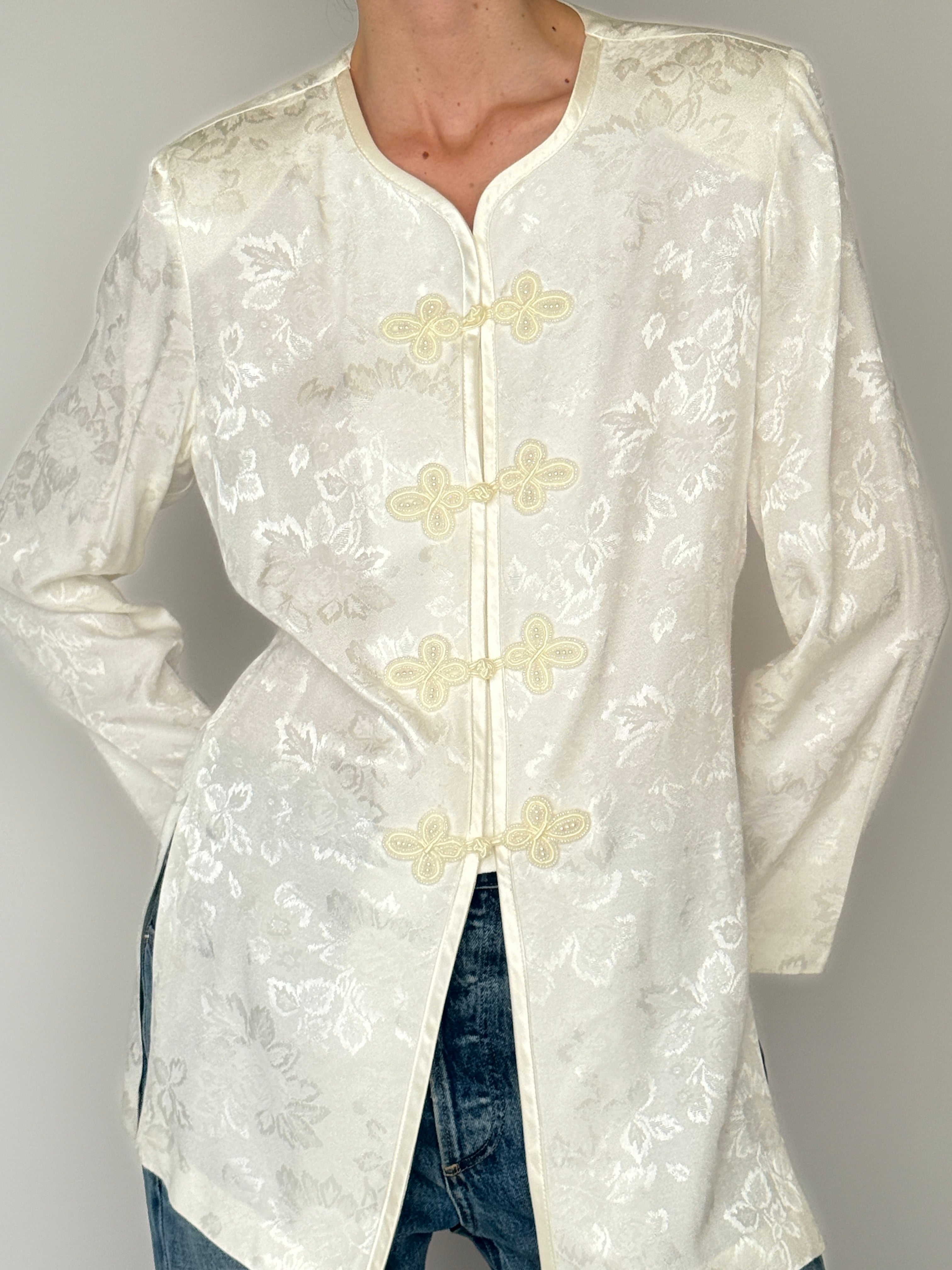Vintage ivory jacquard frog closure jacket front view