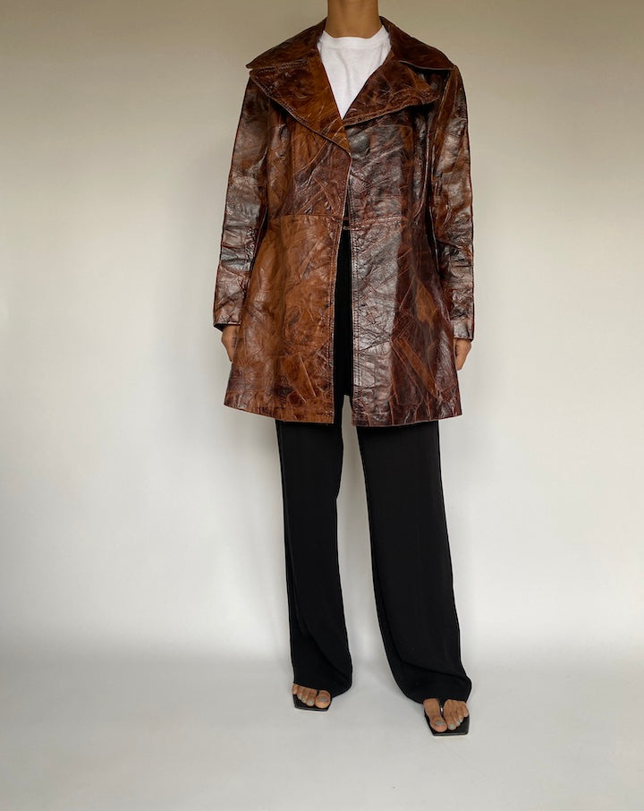 VINTAGE BROWN TONED LEATHER TRENCH COAT 2626