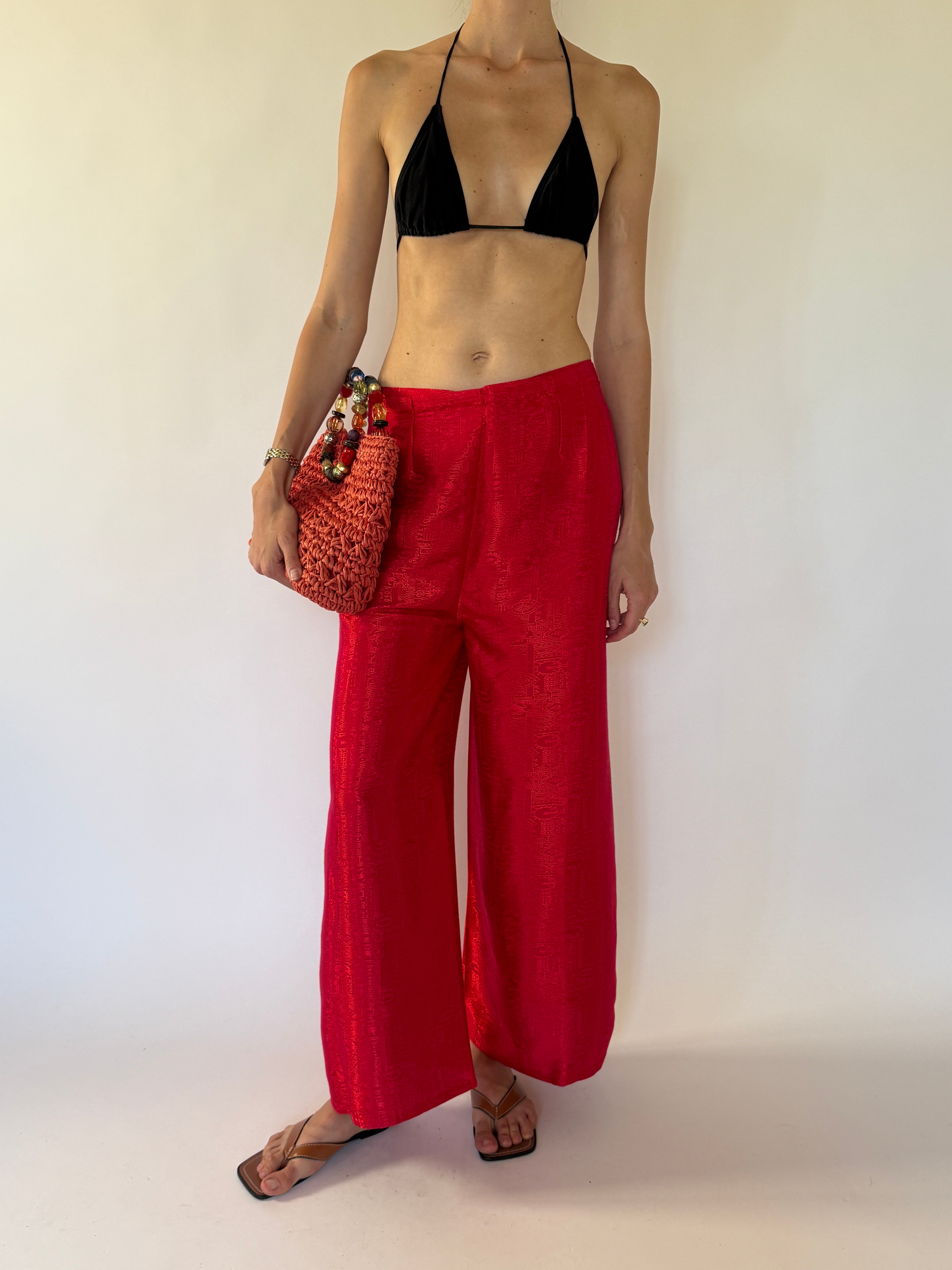 Vintage red wide leg wrap pants front view