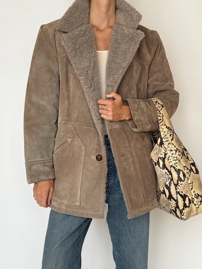 Vintage Shearling Suede Coat Taupe 6465