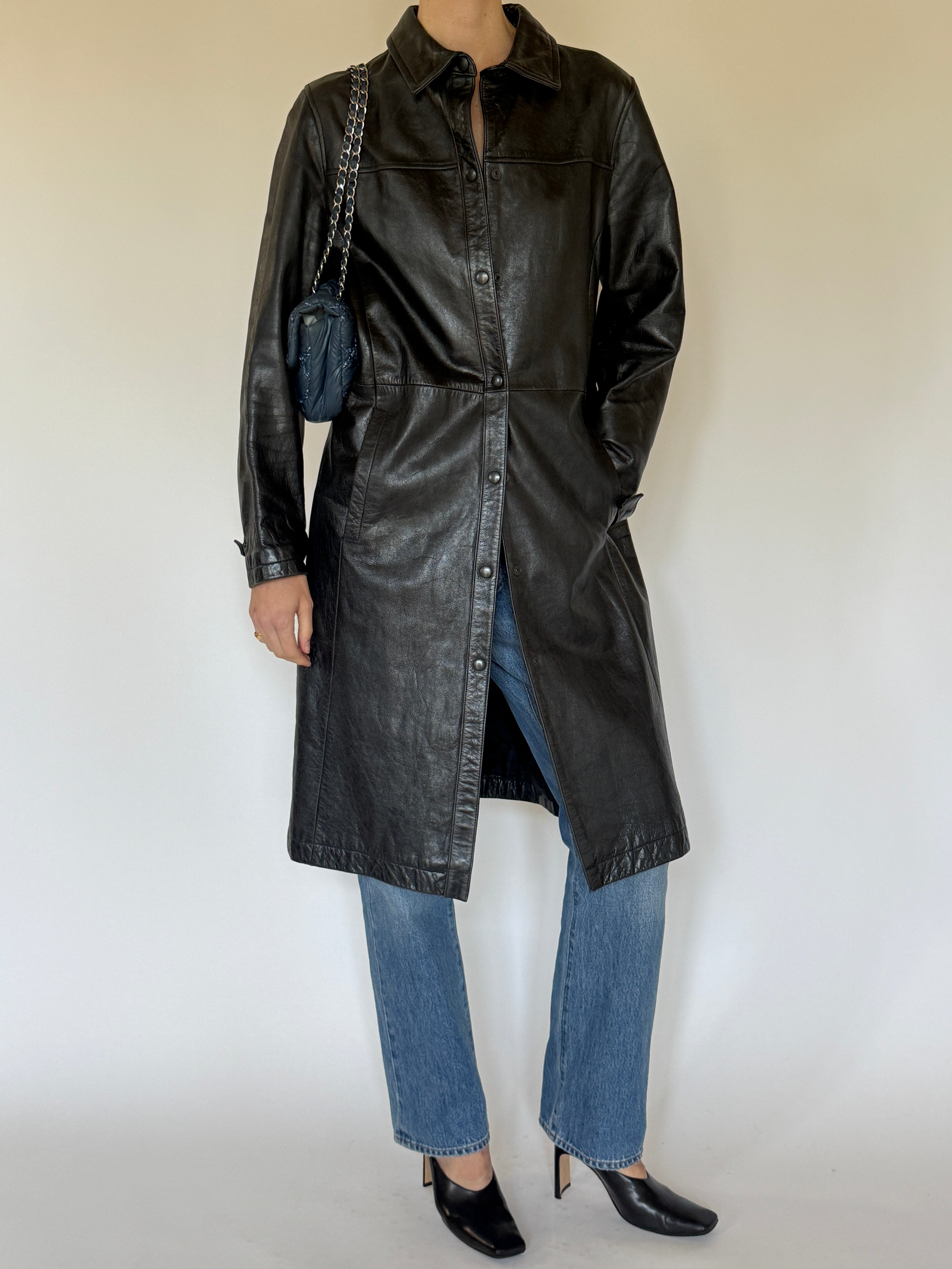 Vintage leather long coat front view