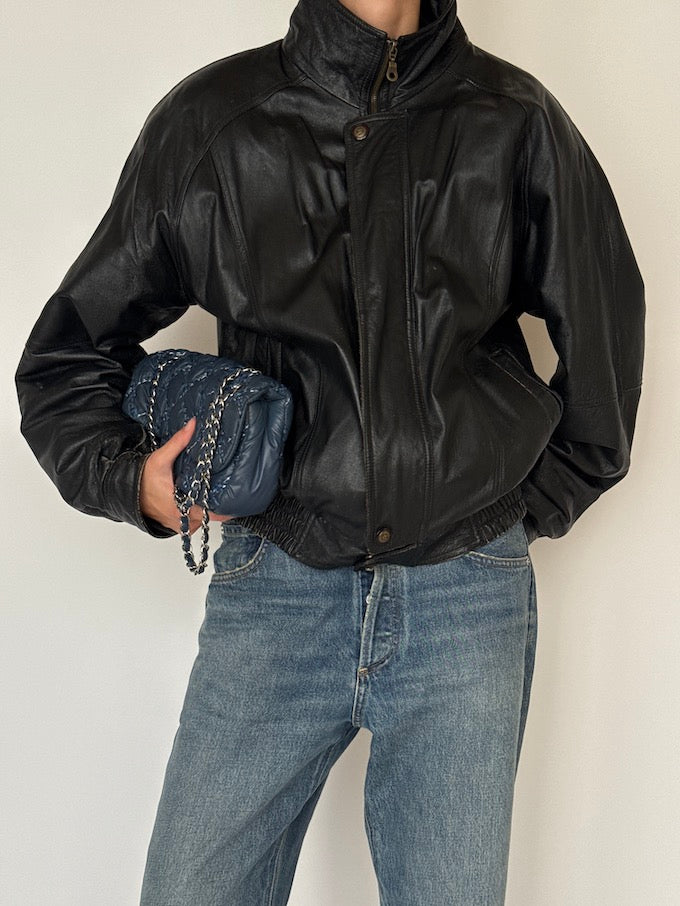 Vintage Bomber-Like Leather Jacket Black 6466