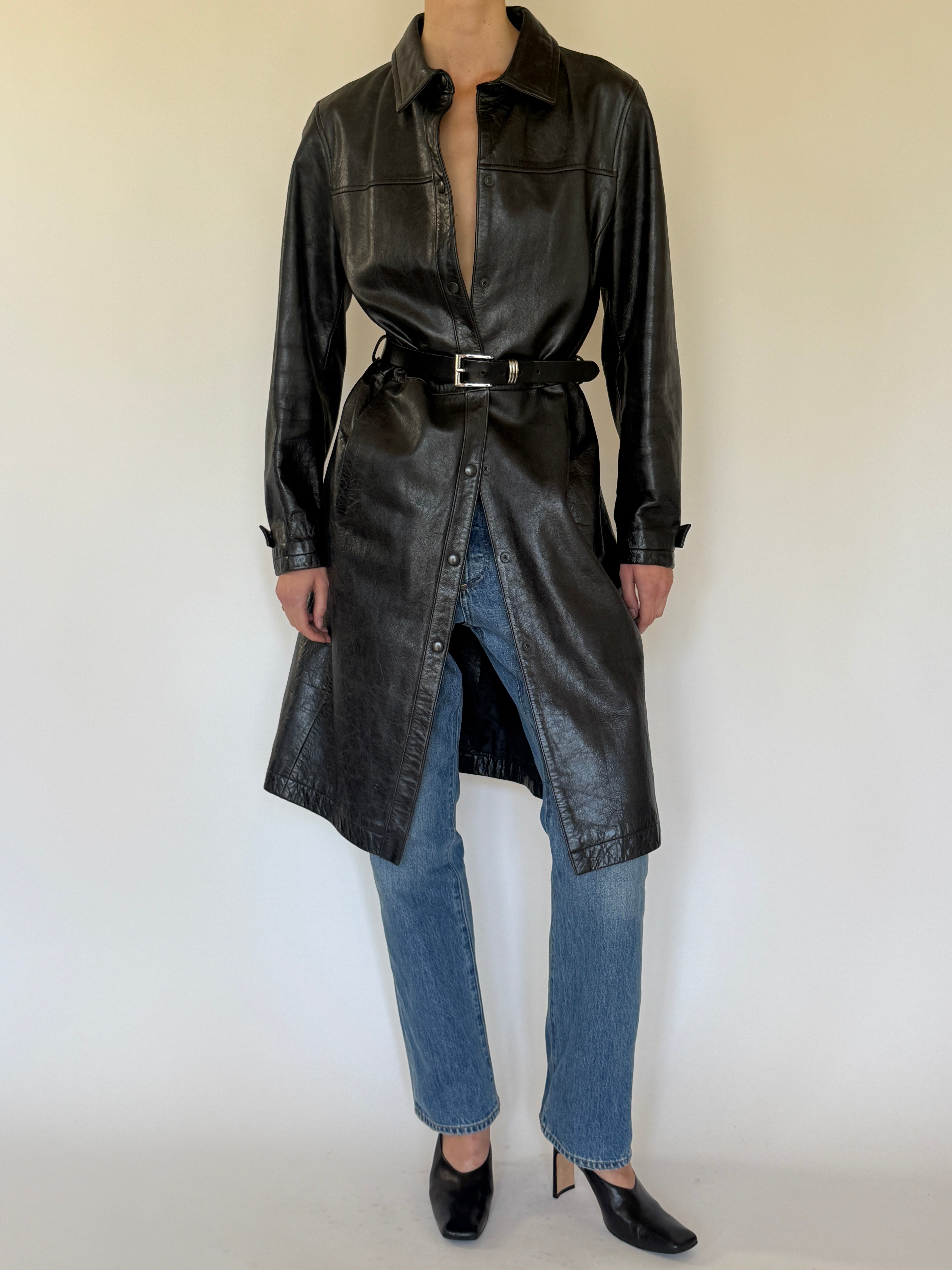 Vintage leather long coat front view