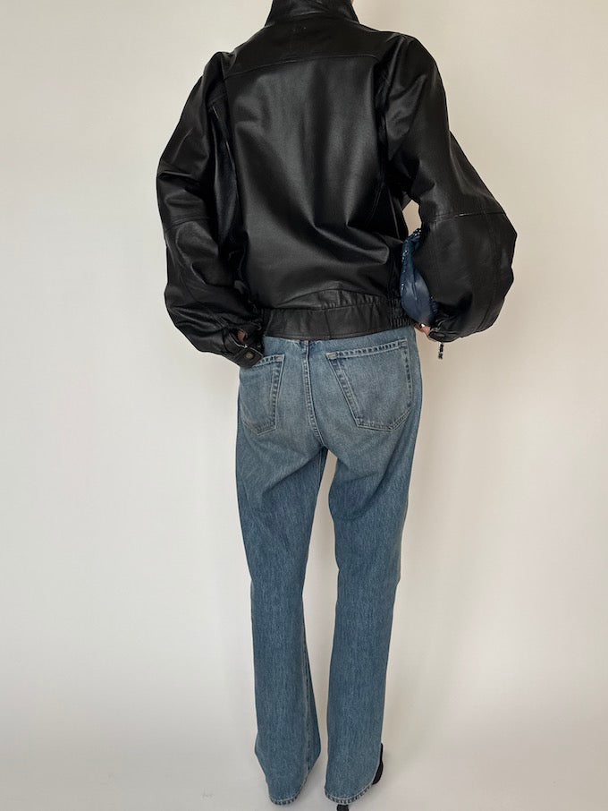Vintage Bomber-Like Leather Jacket Black 6466
