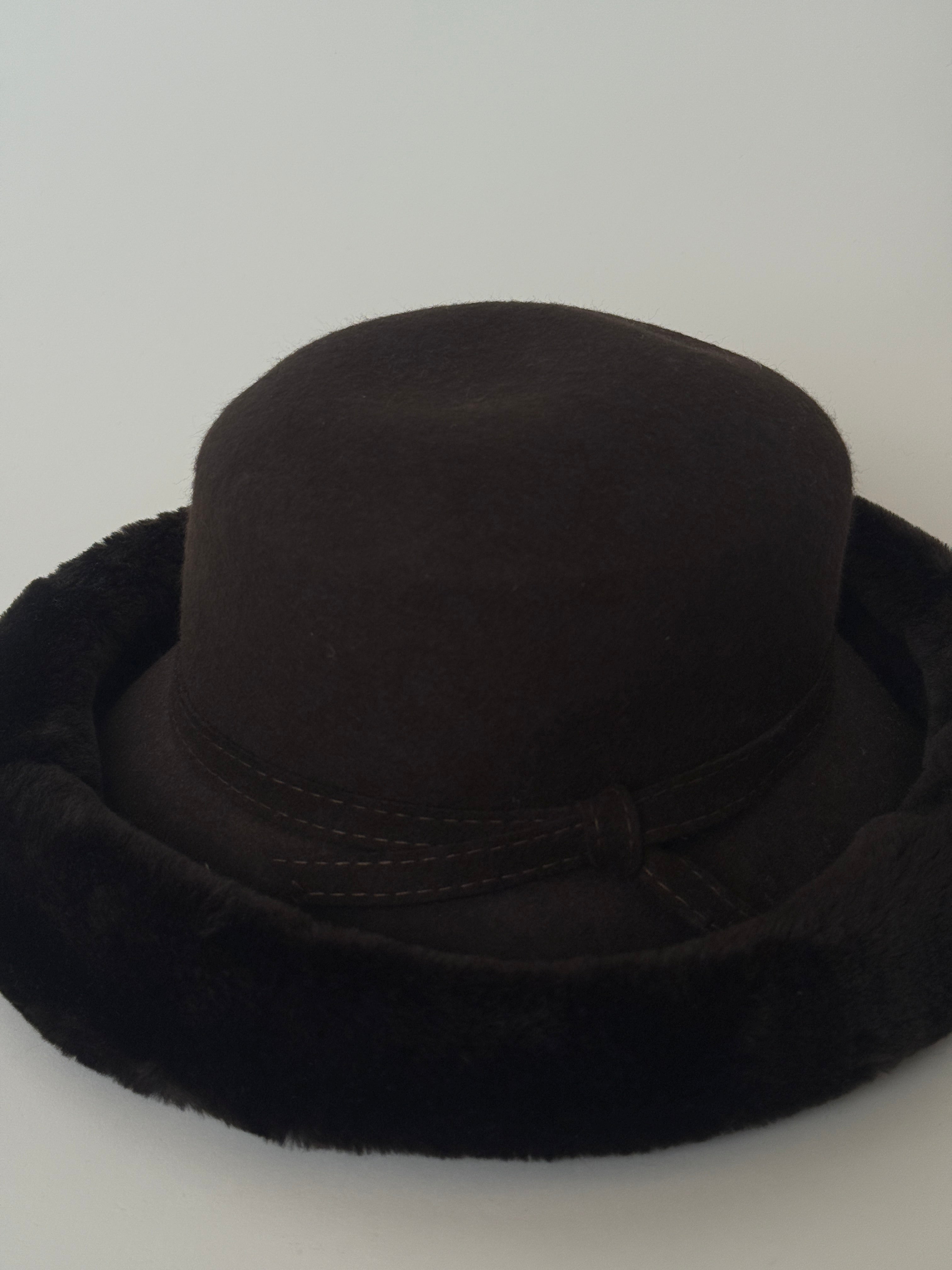 Vintage Wool Felt Hat with Plush Trim in Dark Brown