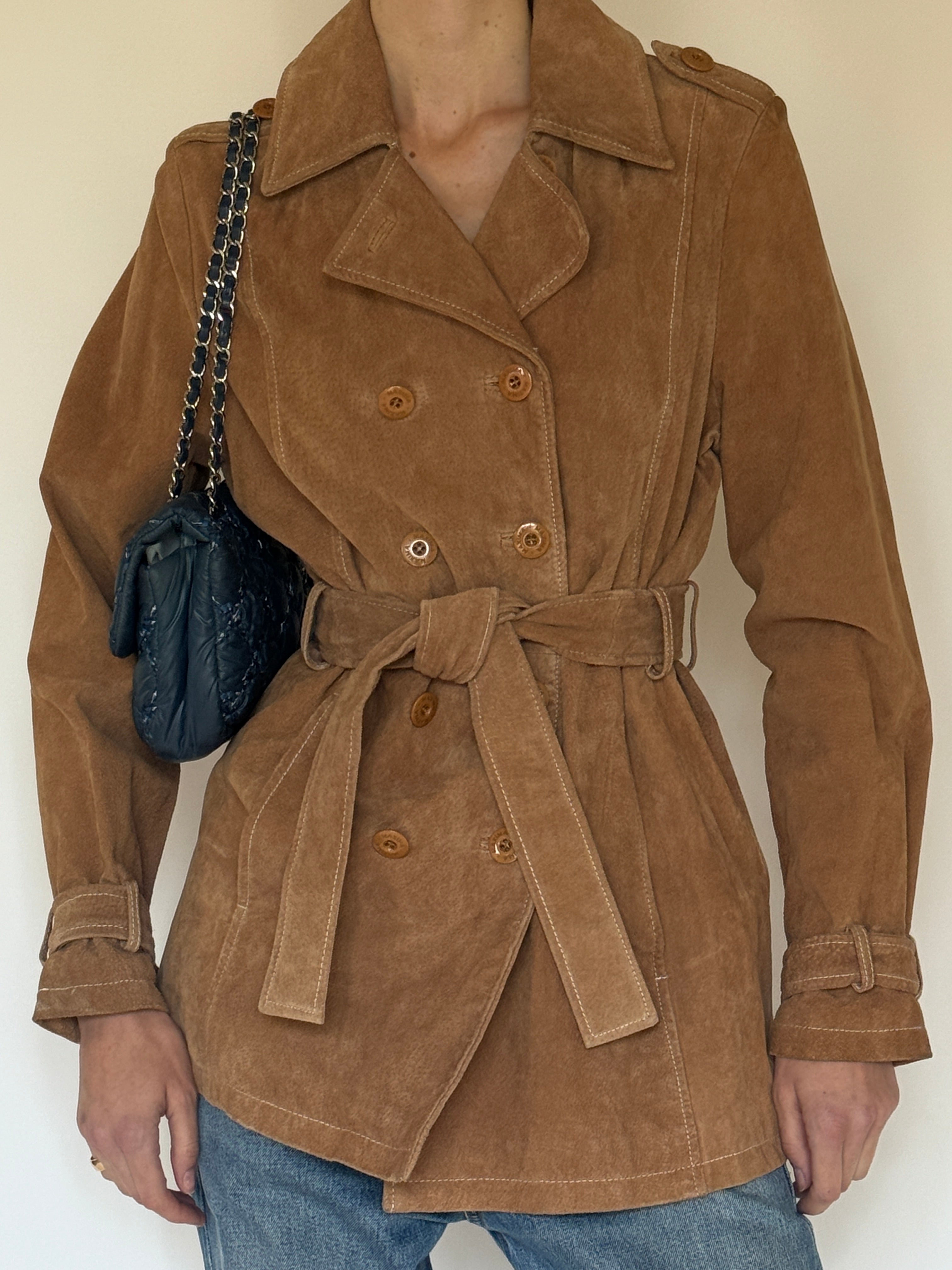 Vintage camel suede belted double-breasted jacket belt detail