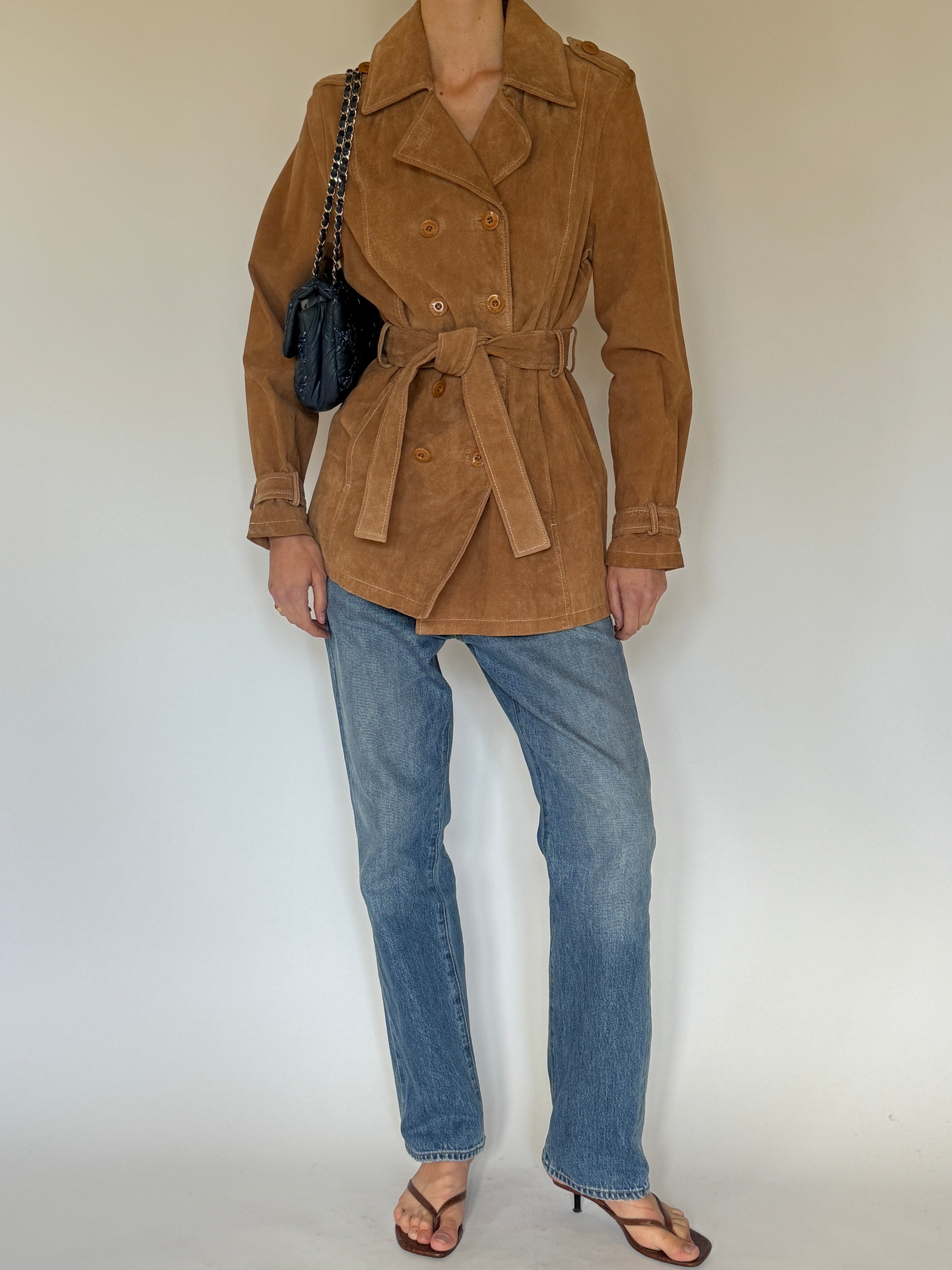 Vintage camel suede belted double-breasted jacket front view