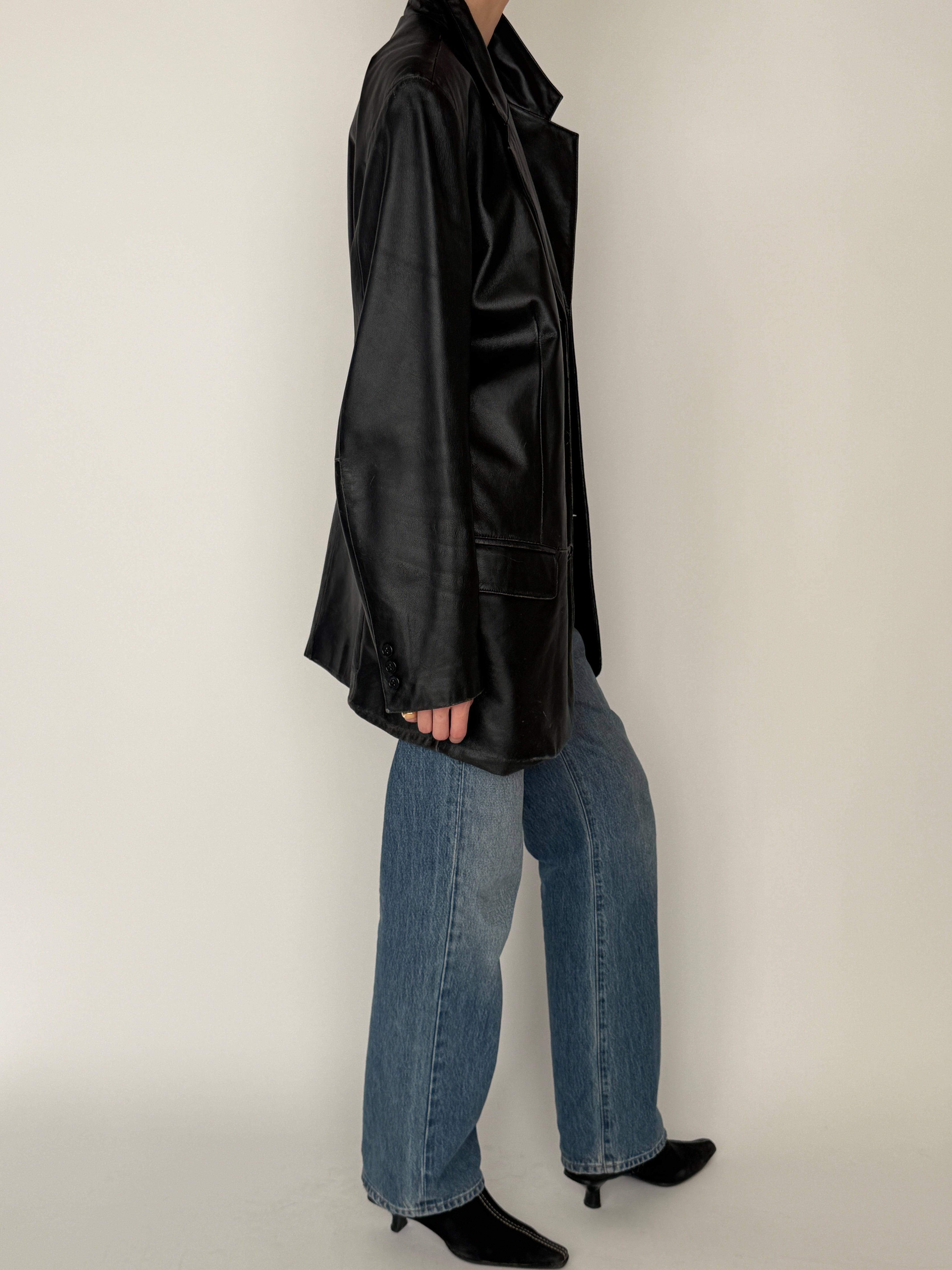 Vintage black leather blazer side view