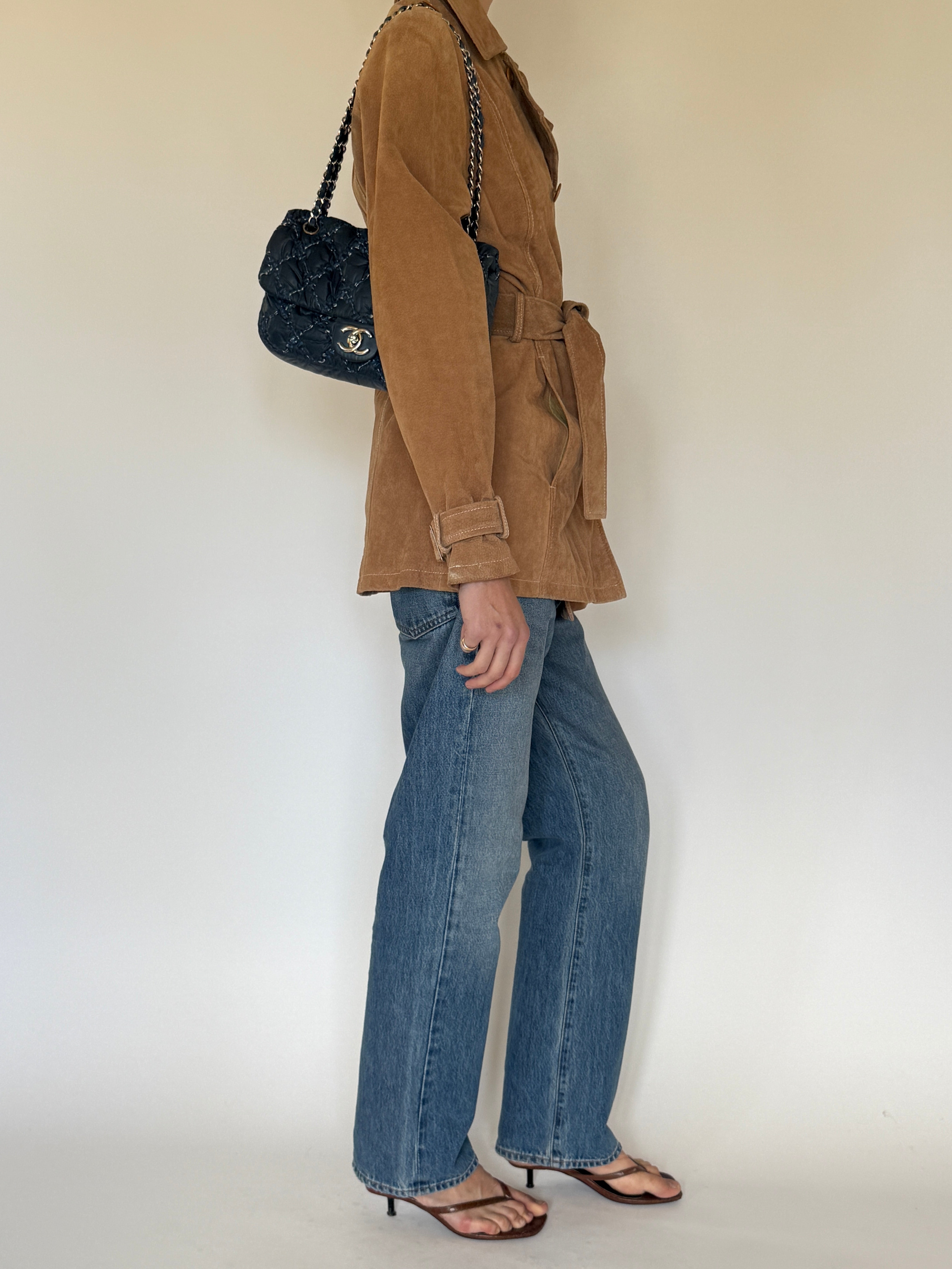 Vintage camel suede belted double-breasted jacket side view
