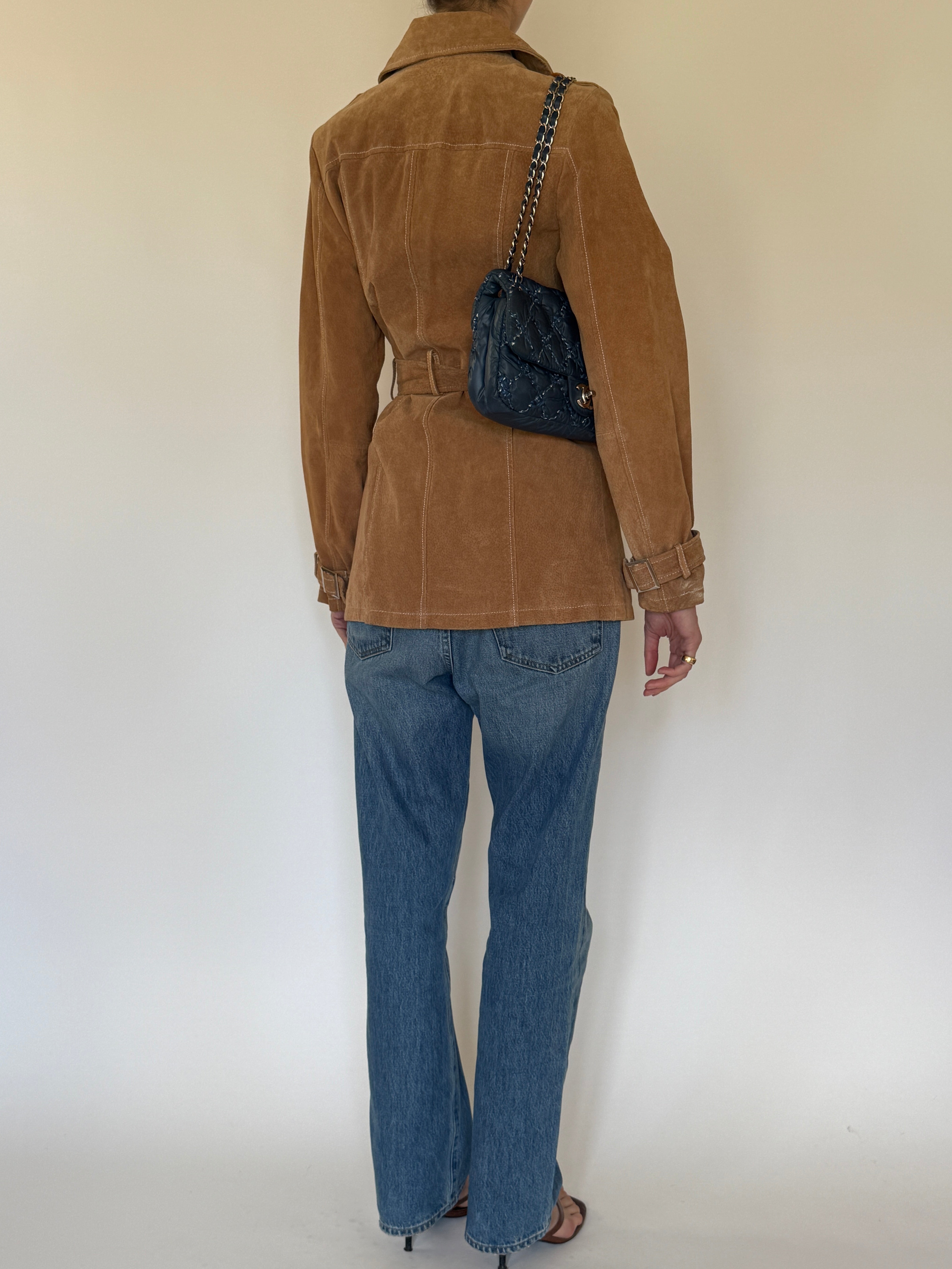 Vintage camel suede belted double-breasted jacket back view
