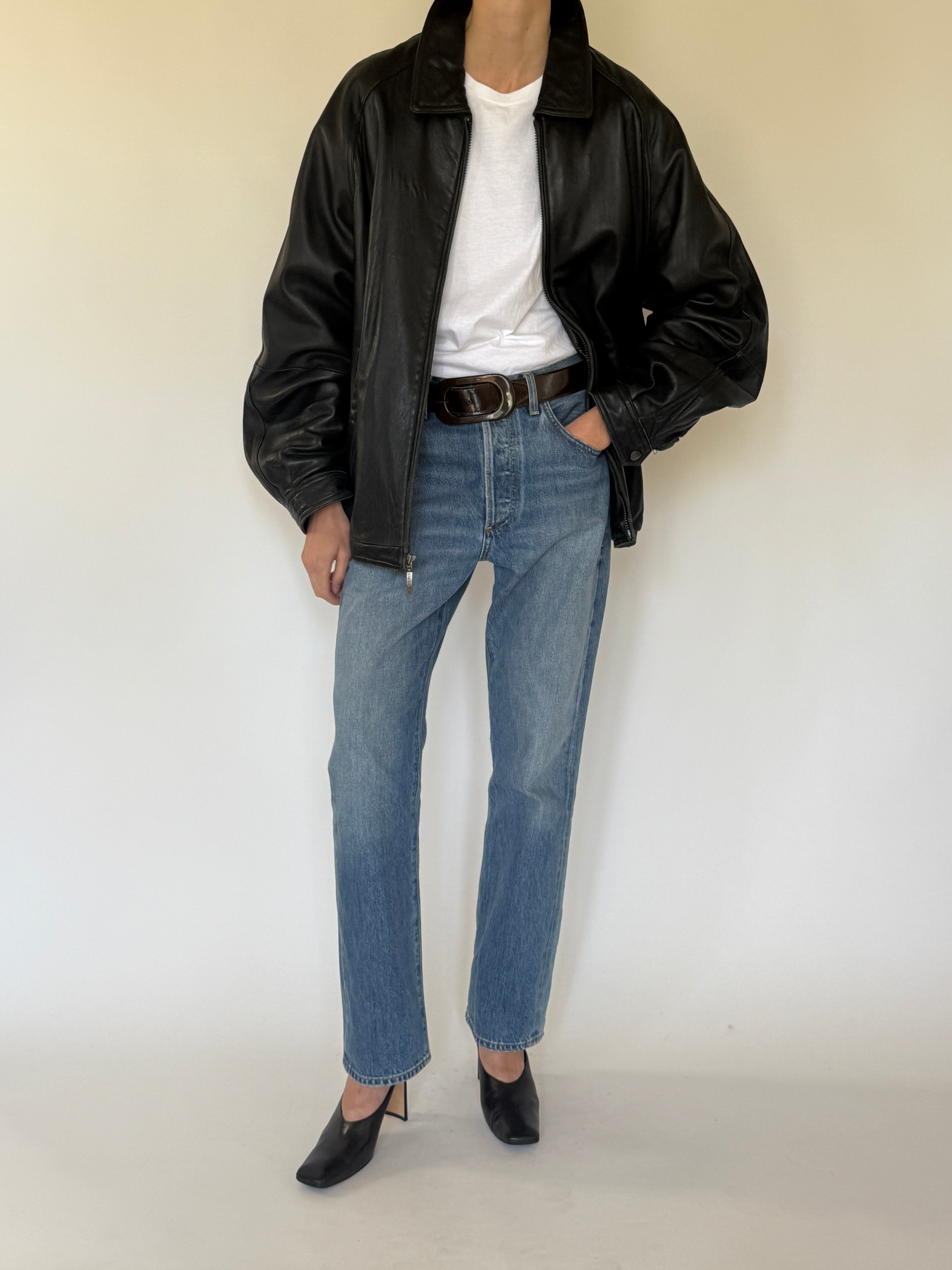 Vintage oversized leather zip-front jacket front view black